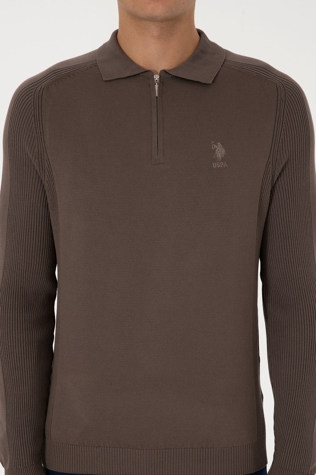Erkek Slim Fit YarДm FermuarlД Polo Yaka Vizon Kazak - U.s. polo assn фото 6