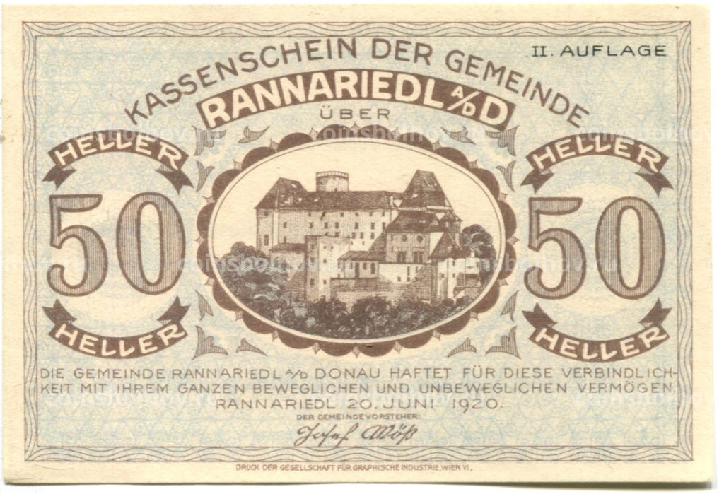 50 геллеров 1920 года Австрия Раннариедль (нотгельд)