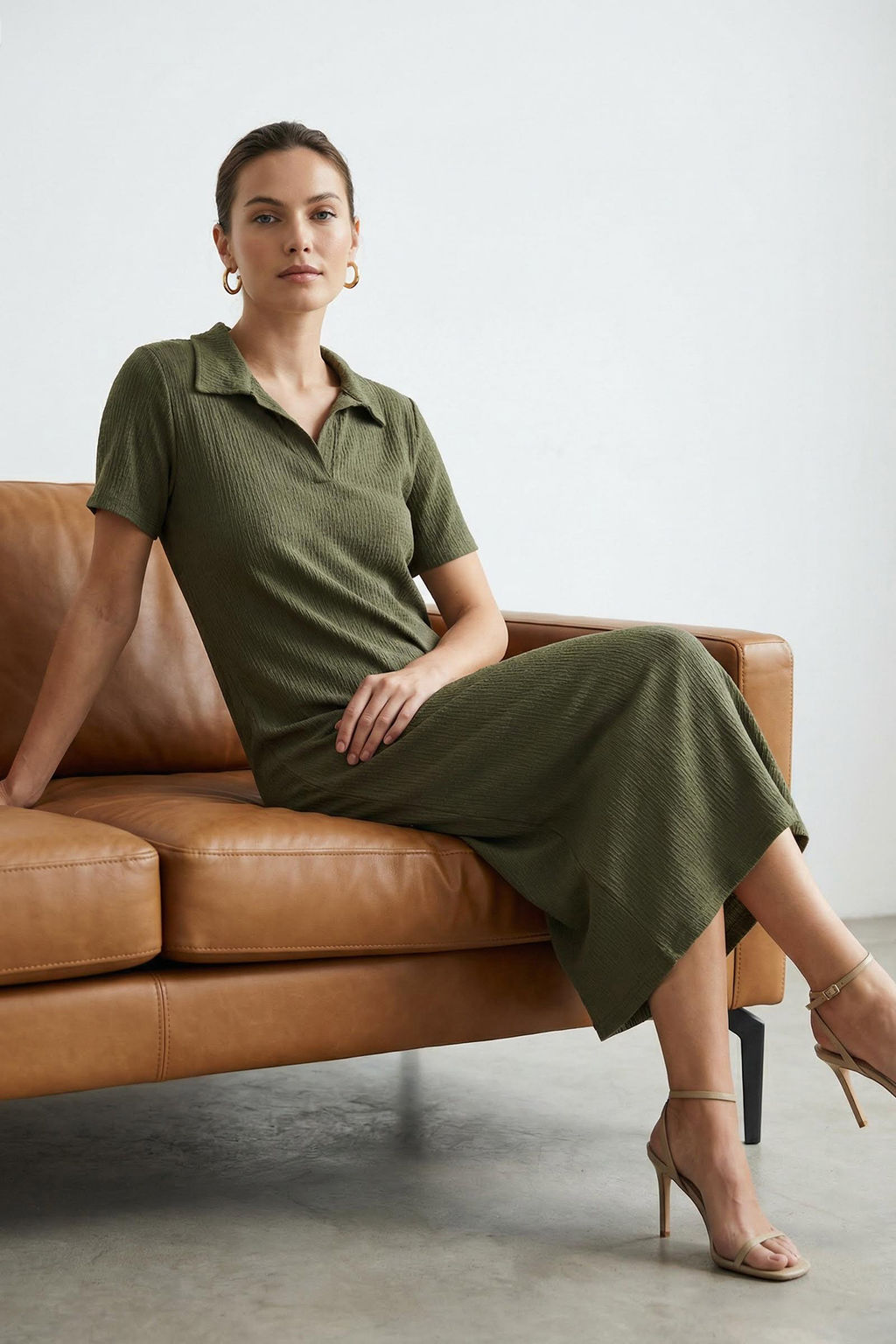 Haki Polo Yaka K?sa Kol Midi Burumcuk/Dokulu Orme Elbise TWOSS24EL00478