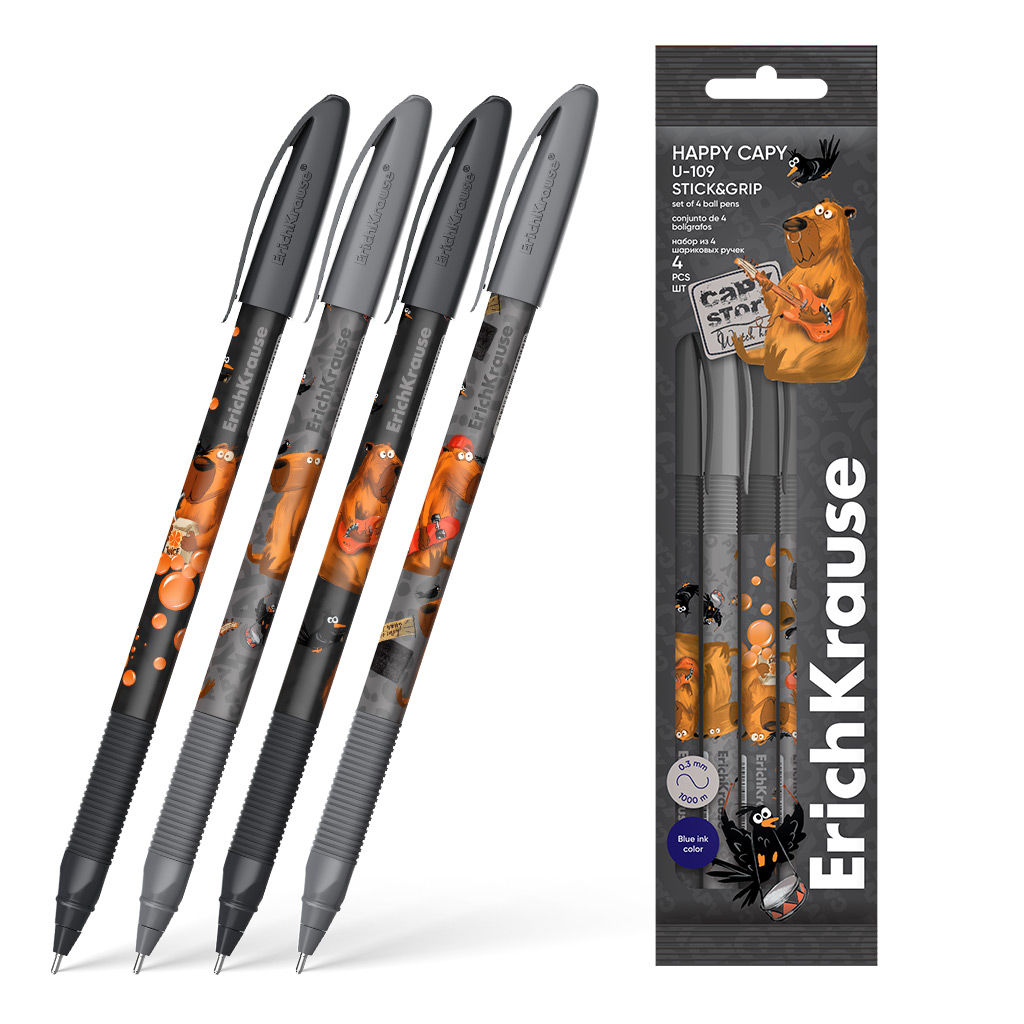 Цена за 12 шт. Набор из 4 ручек шариковых ErichKrause U-109 Stick&Grip Happy Capy 1.0, Ultra Glide Technology, цвет чернил синий (в пакете)