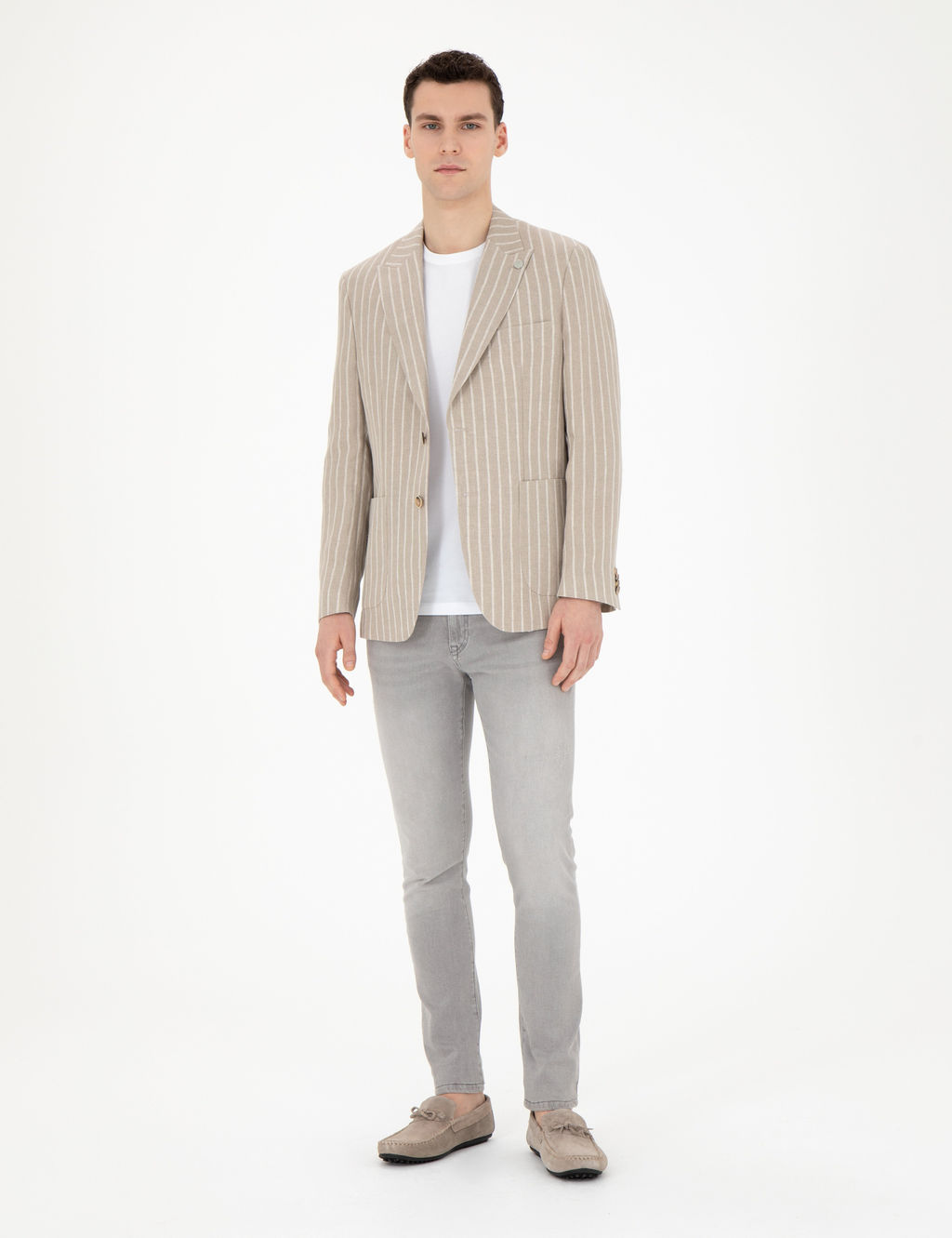 A__k Kahverengi Slim Fit Keten _izgili Ceket