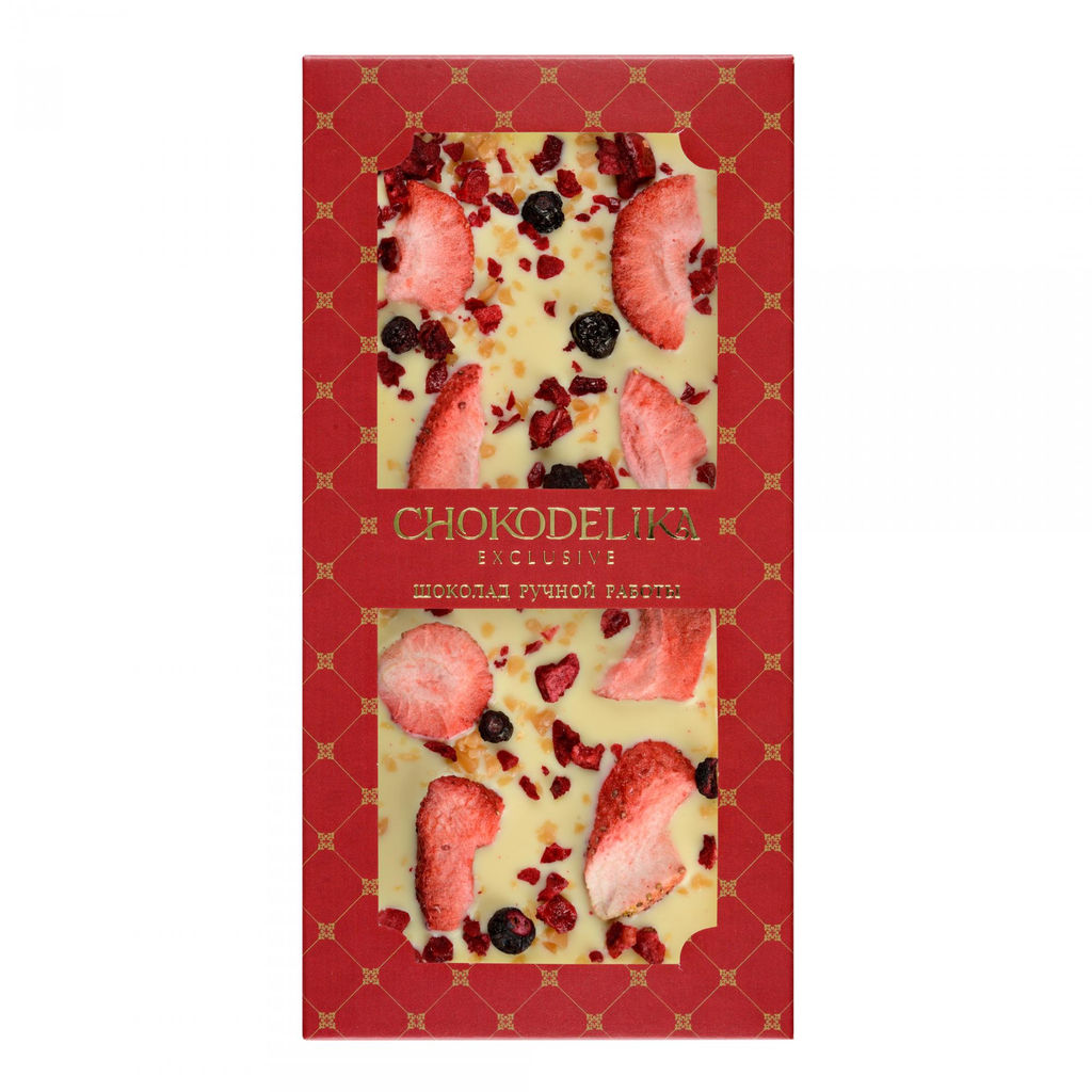 Шоколад белый с украшением Клубника, вишня, карамель 80 гр
