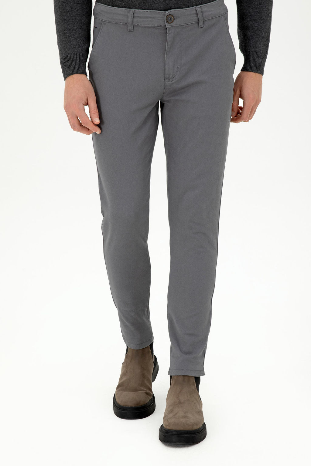Erkek Slim Fit Gri Kanvas Pantolon