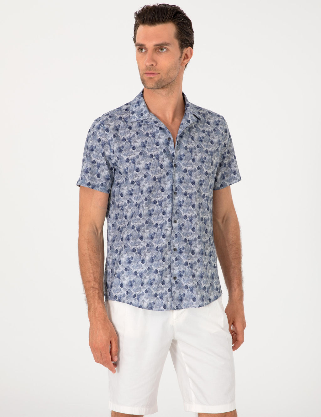 Lacivert Regular Fit Keten Kar___ml_ Desenli K_sa Kollu G_mlek - Cacharel фото 3