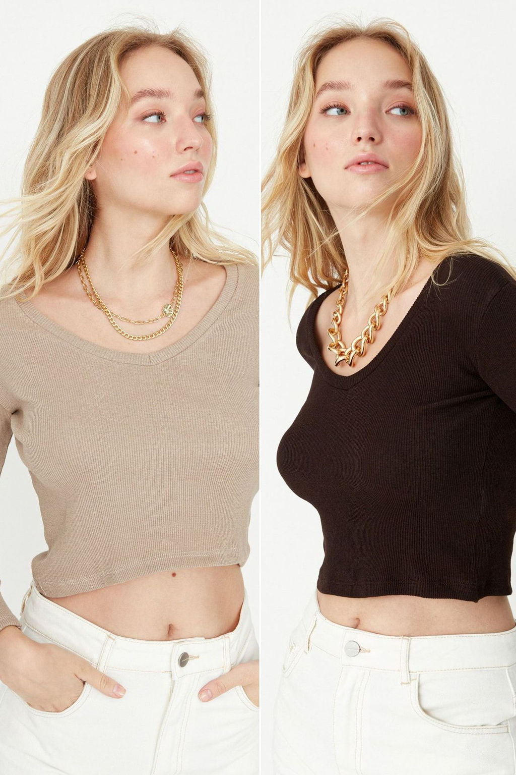 Trendyolmilla Kahverengi-Bej 2li Paket Crop Fitted/Vucuda Oturan V Yaka Fitilli Esnek Orme Bluz TWOAW22BZ0129