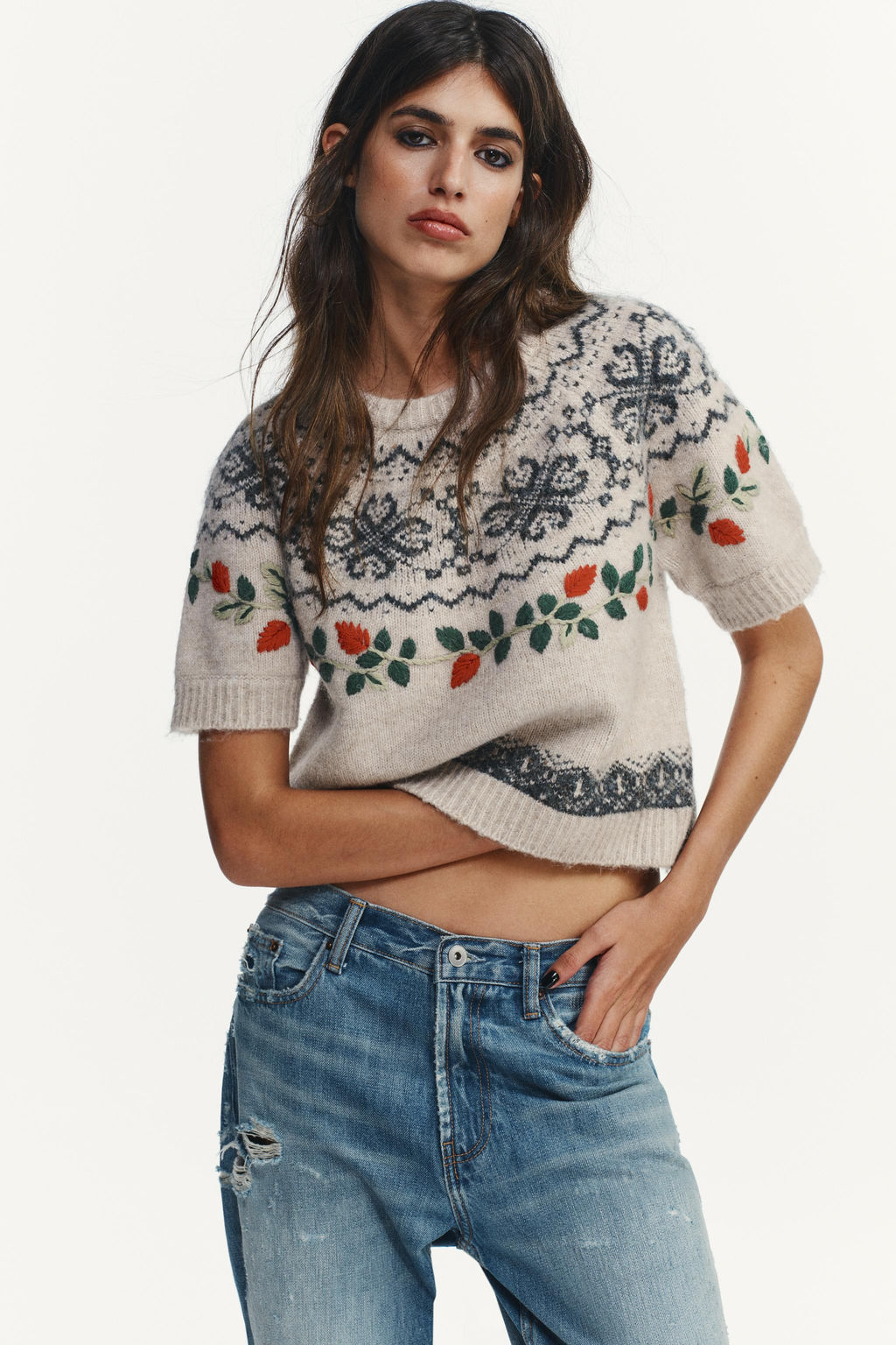 SHORT SLEEVE JACQUARD EMBROIDERED JUMPER - Zara фото 2
