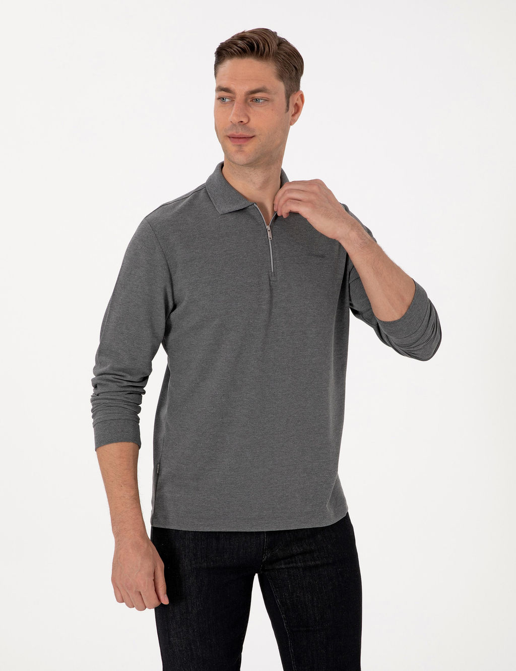 Antrasit Melanj Slim Fit K_vr_lmaz Fermuarl_ Polo Yaka Basic Pike Sweatshirt - Pierre cardin фото 3