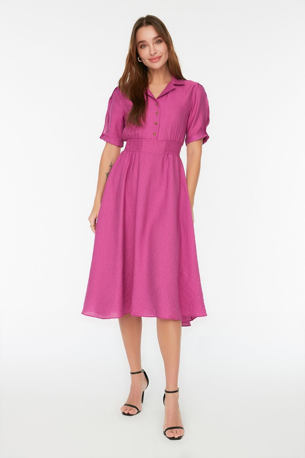 TRENDYOLMILLA Turuncu A Kesim Gomlek Yaka Gipeli Midi Dokuma Elbise TWOSS21EL1023  фото 18