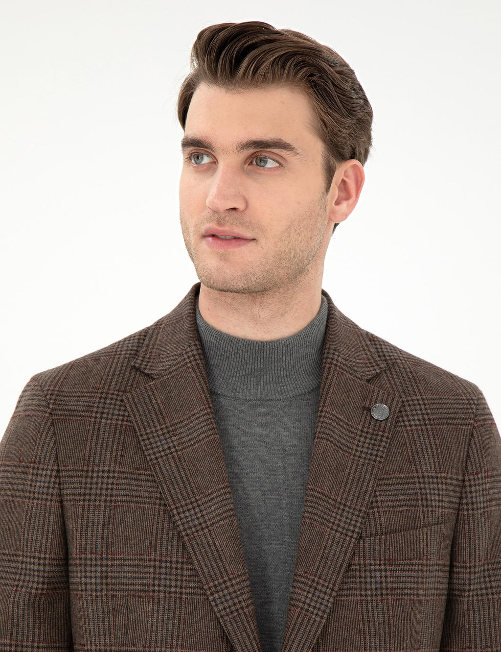 Kahverengi Y_n Kar___ml_ Slim Fit Ceket