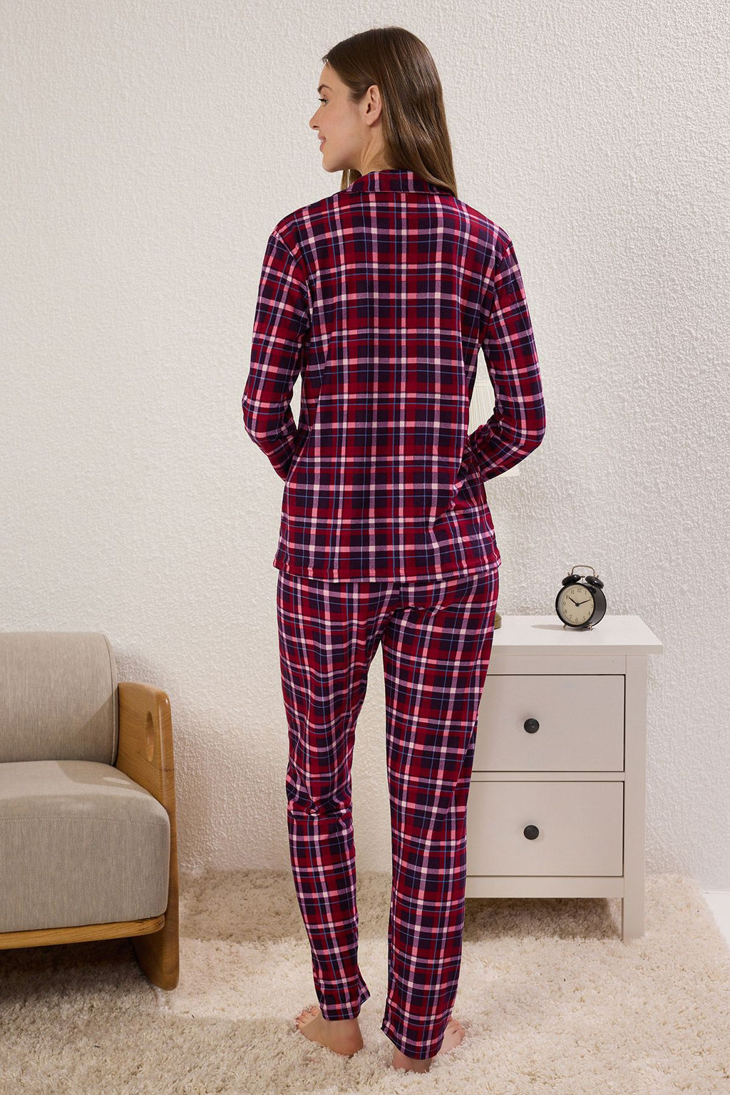 Trendyolmilla K?rm?z? Ekoseli Yumusak Hissiyatl? F?rcal? Kumas Uyku Bantl? Orme Pijama Tak?m? THMAW24PT00100  фото 4