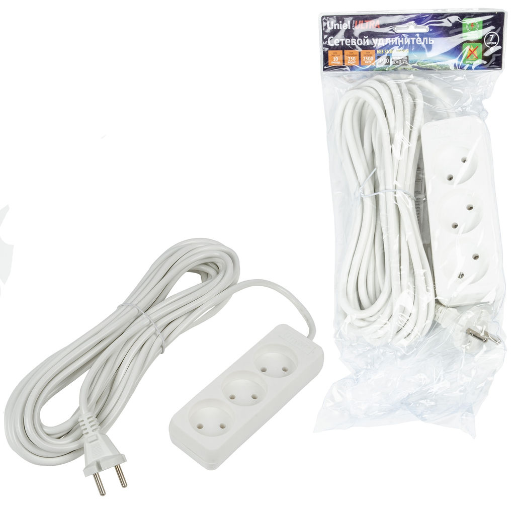 S-CU3-7 WHITE Удлинитель серии Ultra, шнур 7м., 3 гнезда, 10A, б/з. Белый. TM Uniel
