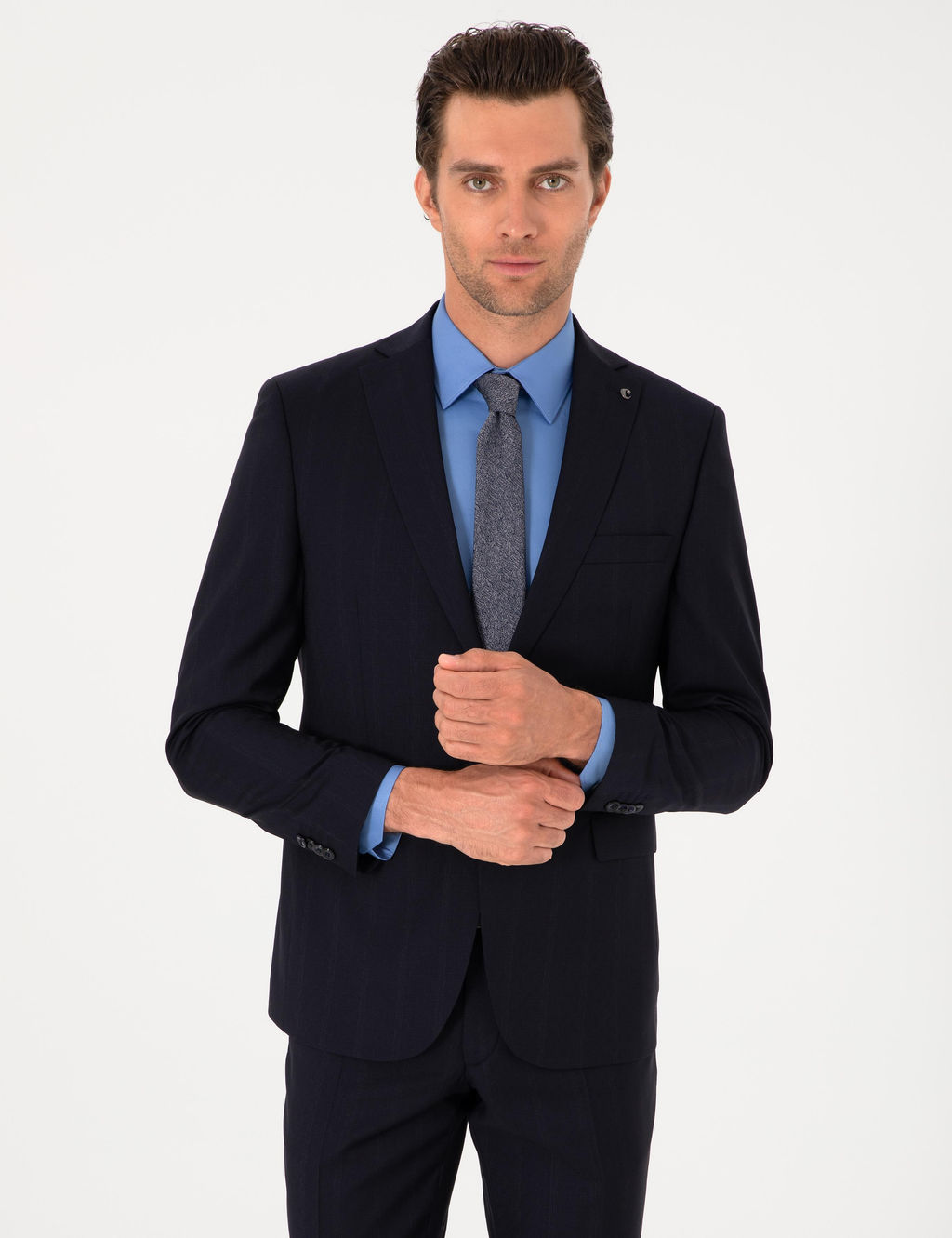 Koyu Lacivert Slim Fit %100 Y_n _izgili Tak_m Elbise - Cacharel фото 3