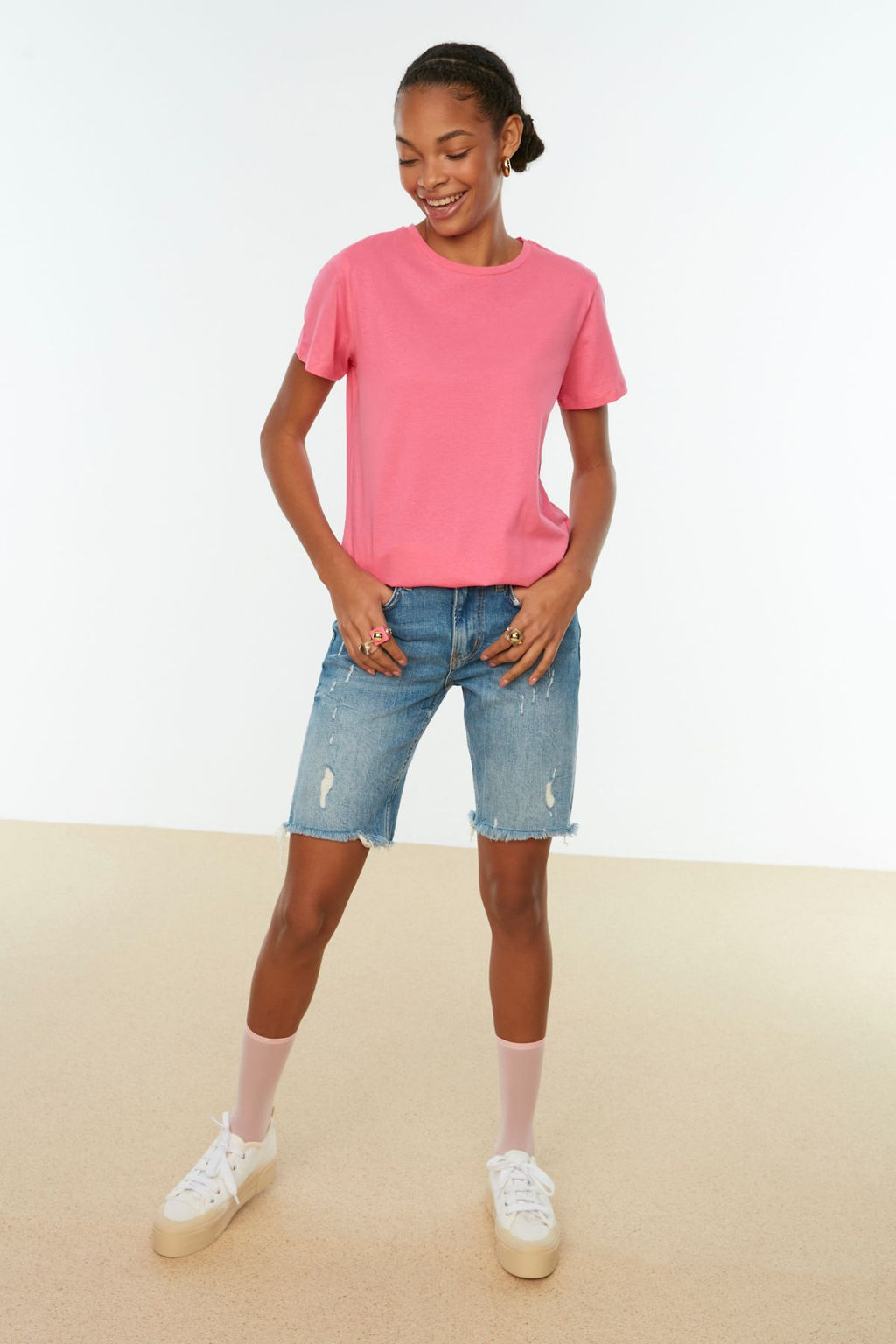 Indigo-Pembe %100 Pamuk 2li Paket Basic Bisiklet Yaka Orme T-Shirt TWOSS20TS0141