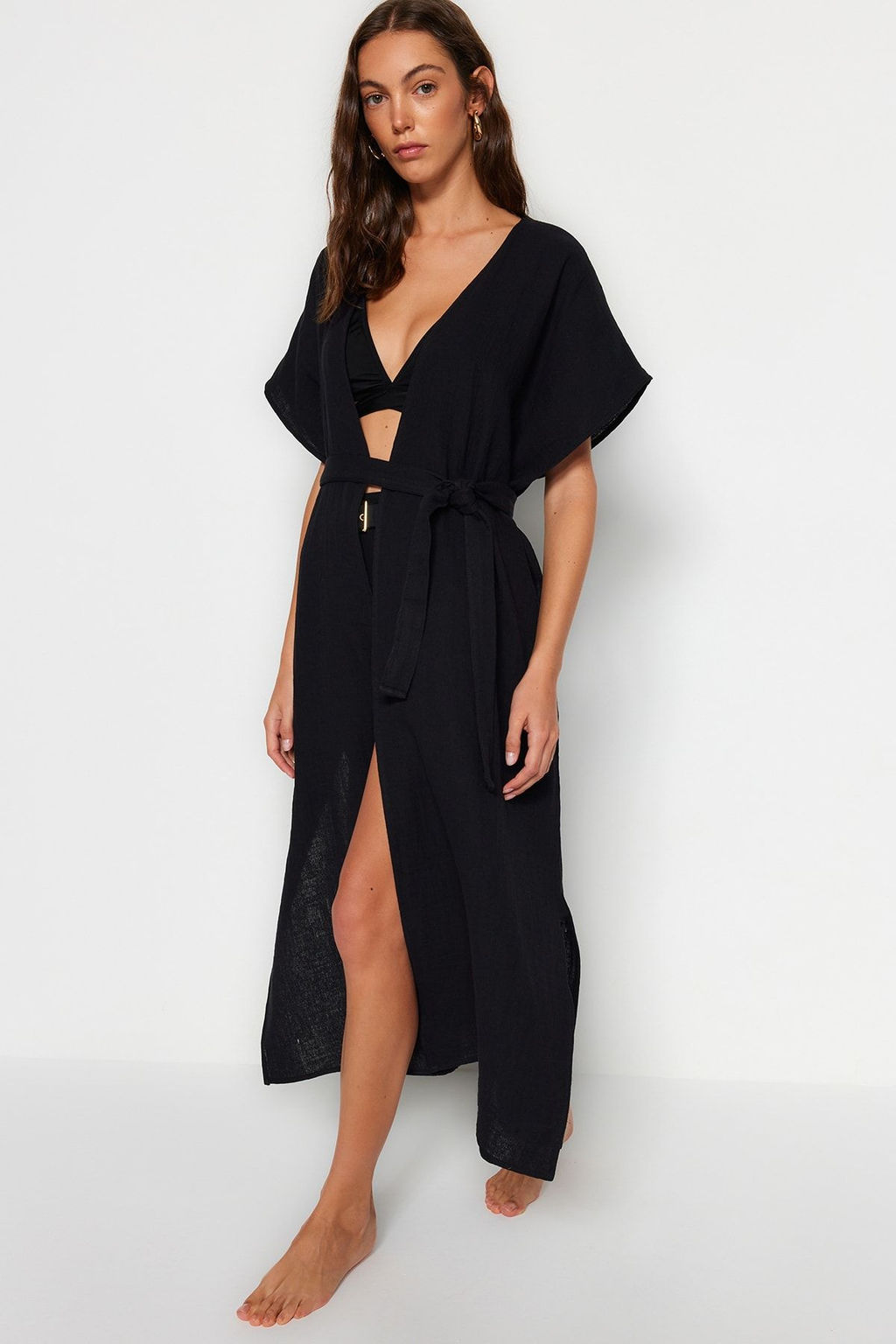 Bej Kusakl? Maxi Dokuma Y?rtmacl? Muslin Plaj Kimono&Kaftan TBESS23KM00019 - Trendyolmilla фото 10