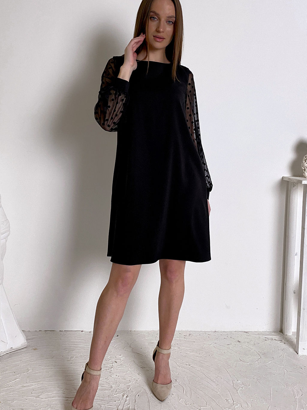 Платье черное свободного силуэта с длинными рукавами из фатина - 1001dress фото 5