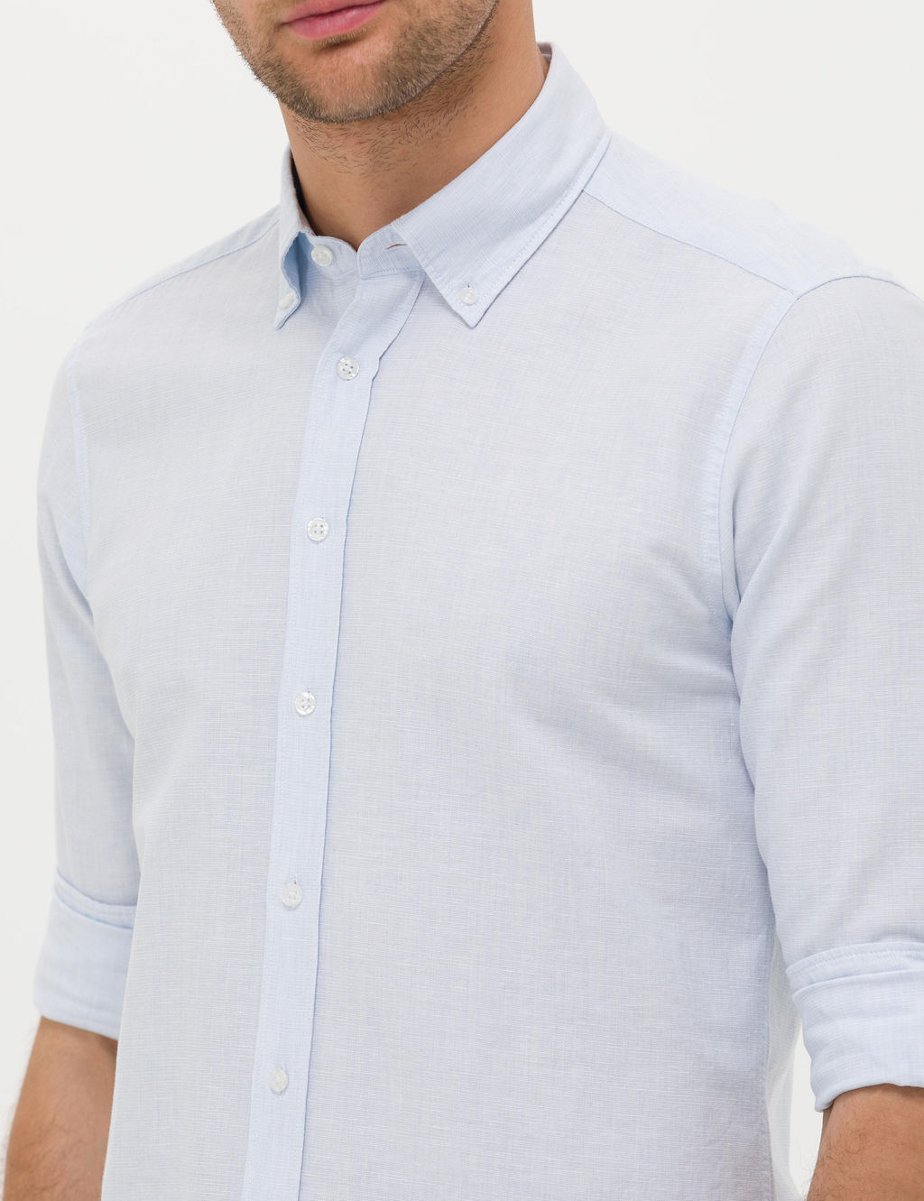 A__k Mavi Keten Kar___ml_ Slim Fit Uzun Kollu G_mlek - Cacharel фото 7