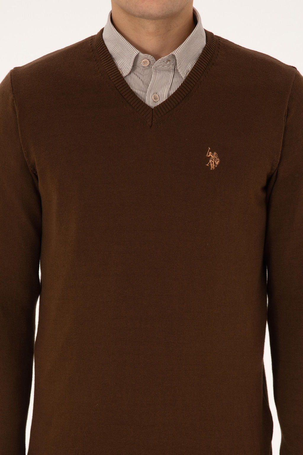 Erkek Slim Fit V Yaka Kahverengi Basic Triko Kazak - U.s. polo assn фото 6