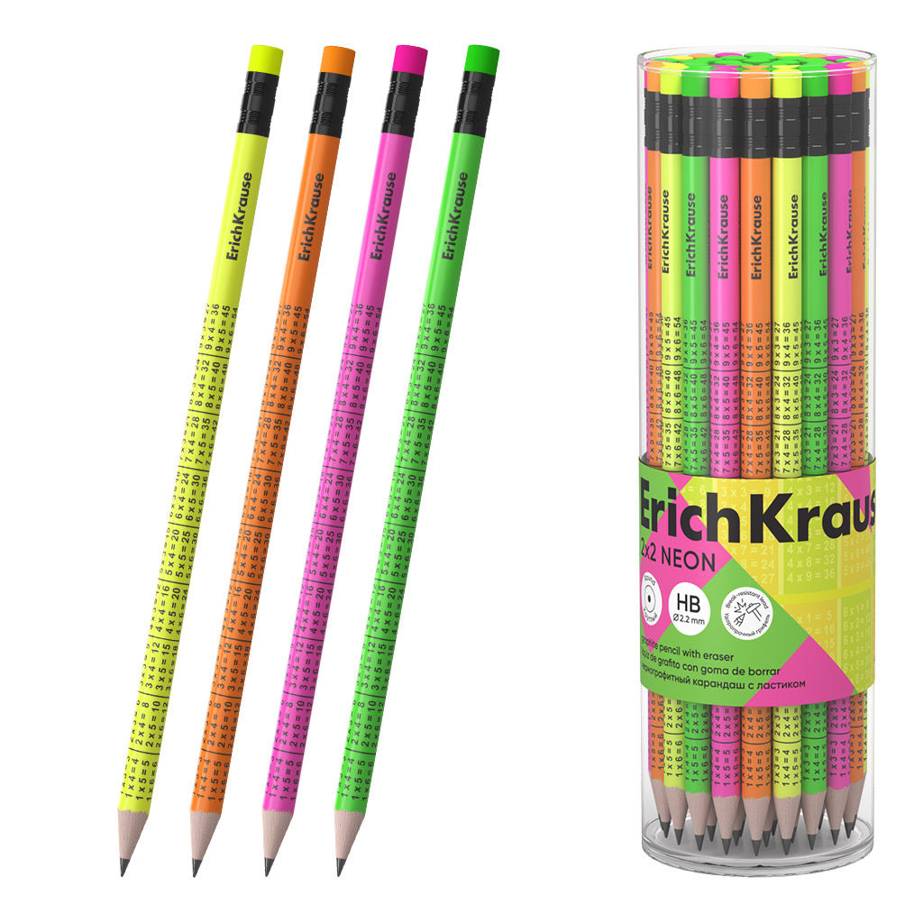 Цена за 42 шт. Чернографитный карандаш ErichKrause 2x2 Neon, круглый, с ластиком, HB (в тубусе по 42 шт.)