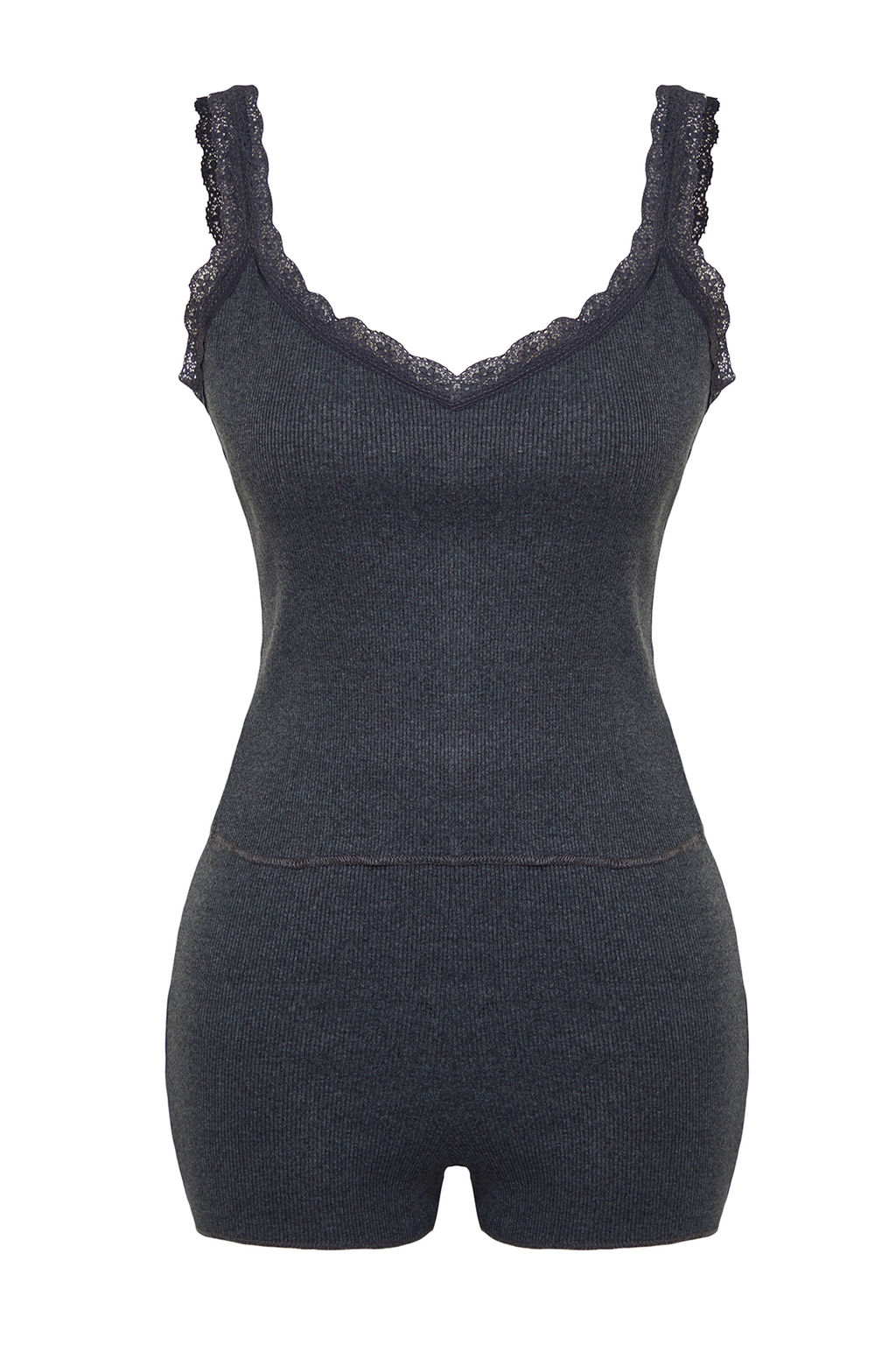 Trendyolmilla Antrasit Dantelli Fitilli Sortlu Orme Pijama Tak?m? THMSS24PT00006 фото 16