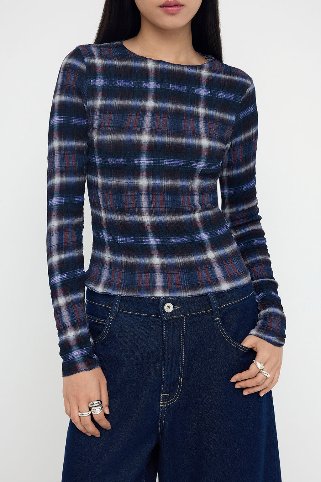 Teen Lacivert Ekoseli Gipeli Slim/Vucuda Oturan Orme Bluz TWOAW26BZ00086