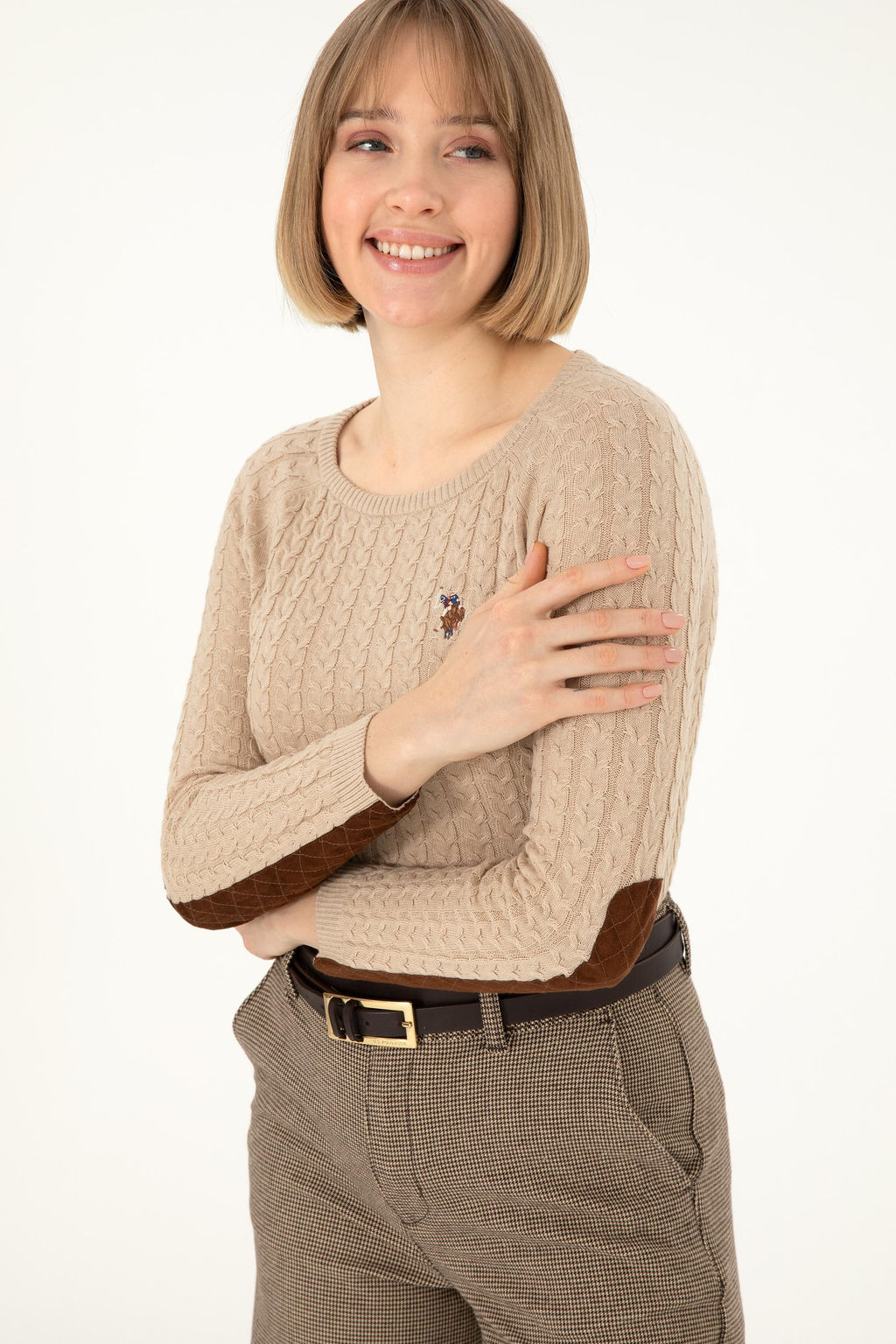 Женский базовый свитер с круглым вырезом песочного меланжа Неожиданная скидка в корзине - U.s. polo assn фото 3