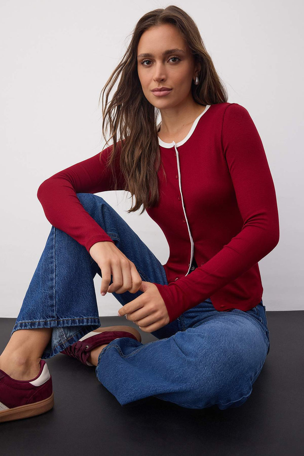 Wardrobe Essentials  Bordo Renk Bloklu Dugmeli Orme Bluz | TWOAW26BZ00004
