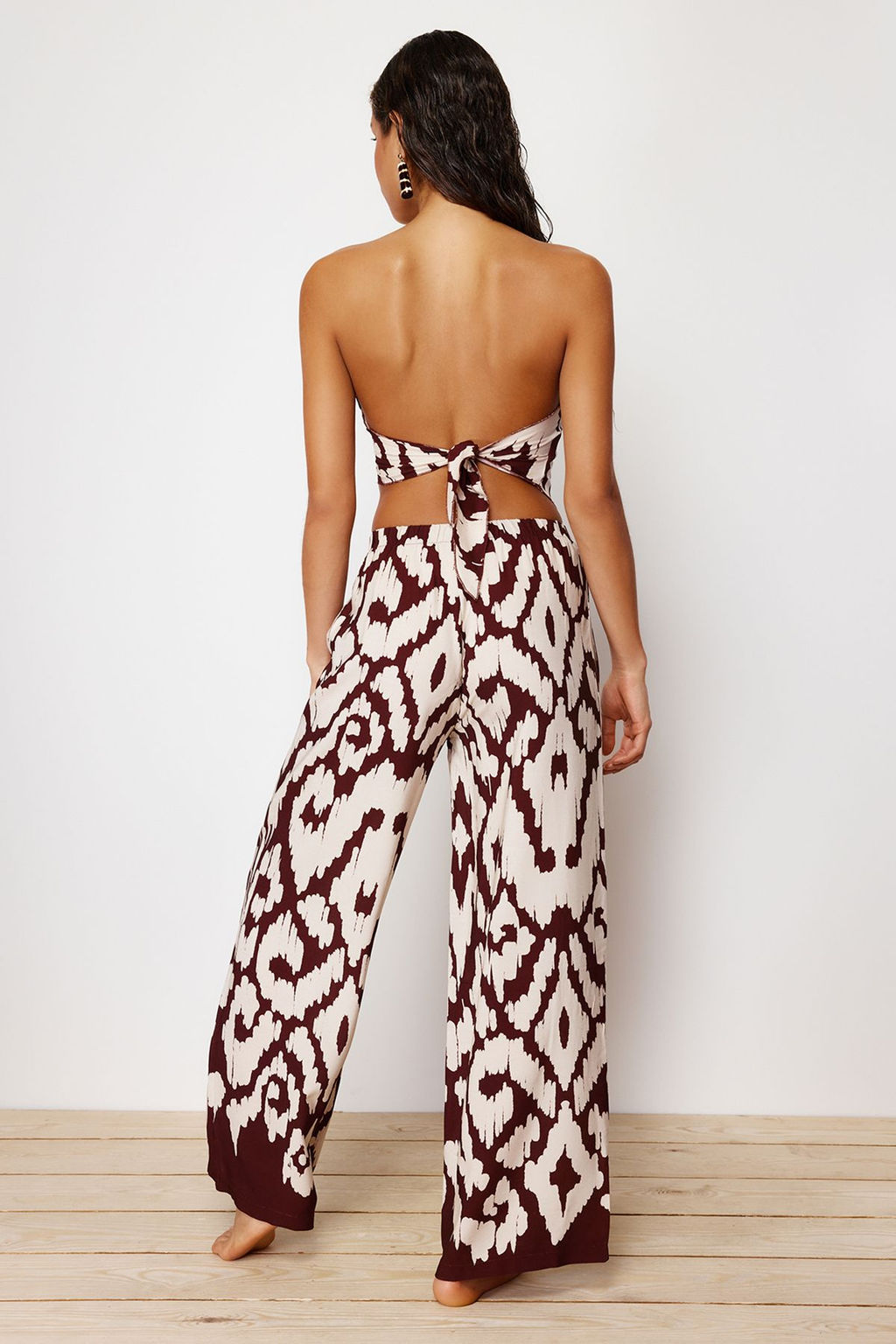 Etnik Desenli Desenli Dokuma Straplez Bluz Pantolon Plaj Tak?m TBESS24AU00017