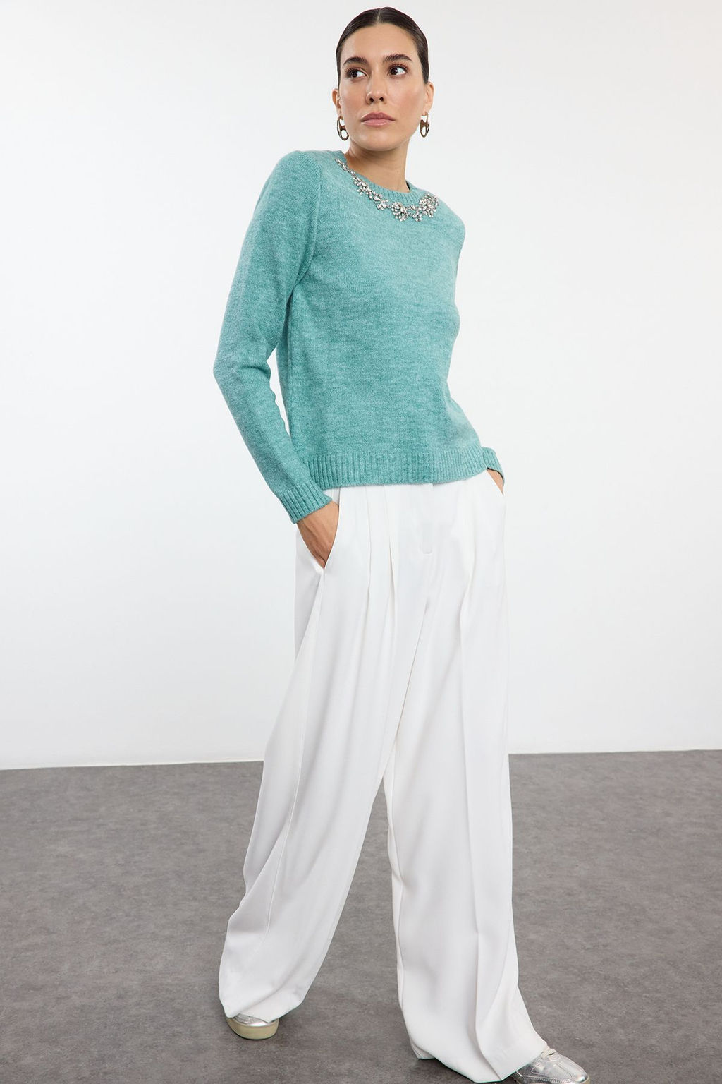Mint Yumusak Dokulu Tas Detayl? Ince Triko Kazak TWOAW25KZ00151 - Trendyolmilla фото 2