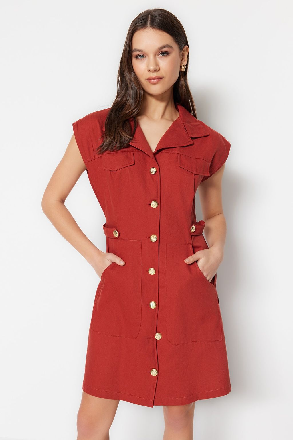 TRENDYOLMILLA Ekru Dugme Detayl? Gabardin Mini Dokuma Gomlek Elbise TWOSS22EL2970 фото 13