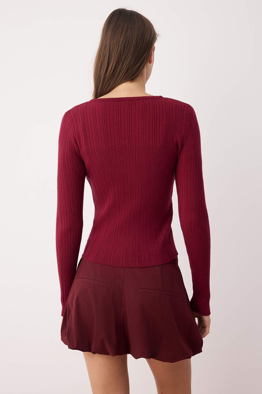 Bordo 2li Fitilli Premium/Ozel Iplikli Yumusak Dokulu Triko H?rka-Bluz Tak?m TWOAW26HI00003