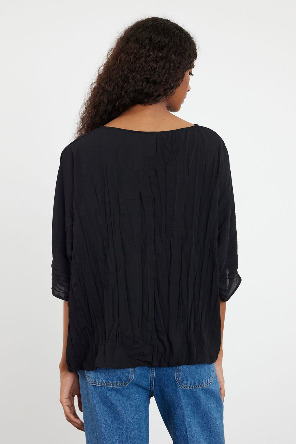 Siyah K?r?s?k Efektli K?sa Kollu Dokuma Bluz TWOAW25BZ00051 - Trendyolmilla фото 4