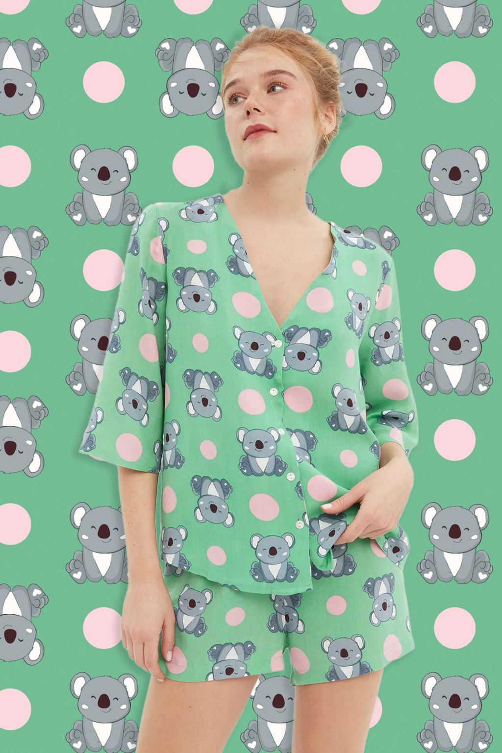 Trendyolmilla Cok Renkli Koala Desenli Viskon Sortlu Dokuma Pijama Tak?m? THMSS21PT0295