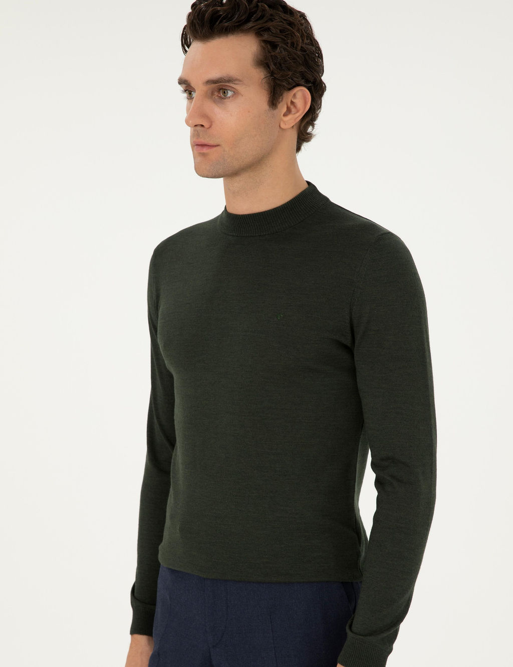 Haki Slim Fit Y_n Kar___ml_ _eyrek Bal_k__ Yaka Basic Triko Kazak