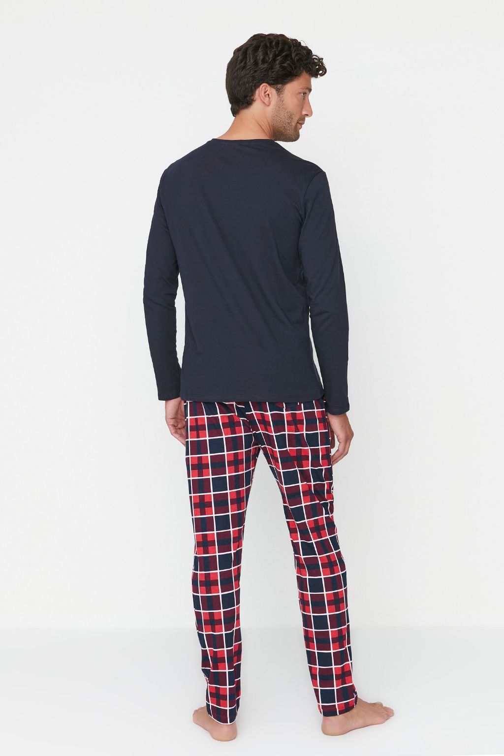 Trendyolmilla Man Lacivert Erkek Regular Fit Alt Ekose Orme Aile Kombini %100 Pamuk Pijama Tak?m? THMAW22PT0431  фото 5