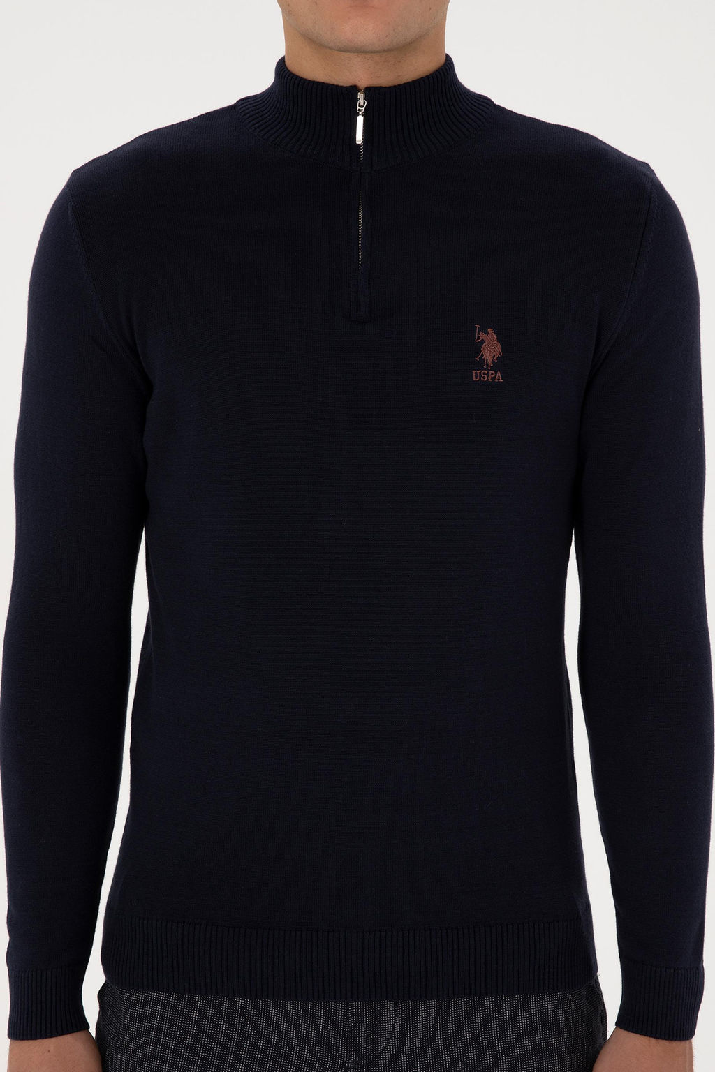 Erkek Slim Fit Yar_m Fermuarl_ Lacivert Kazak