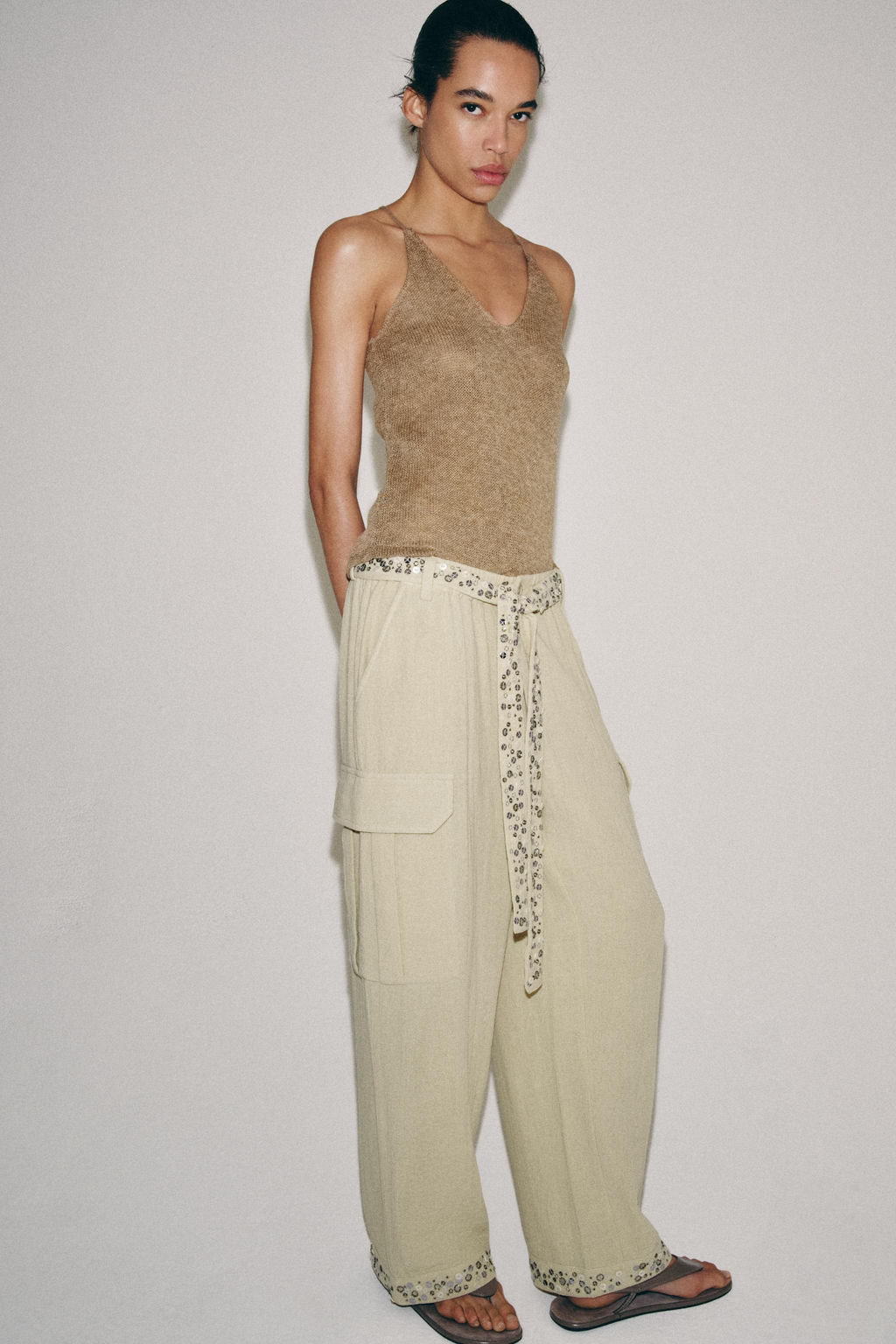 PANTAL?N CARGO LENTEJUELAS ZW COLLECTION / Khaki claro