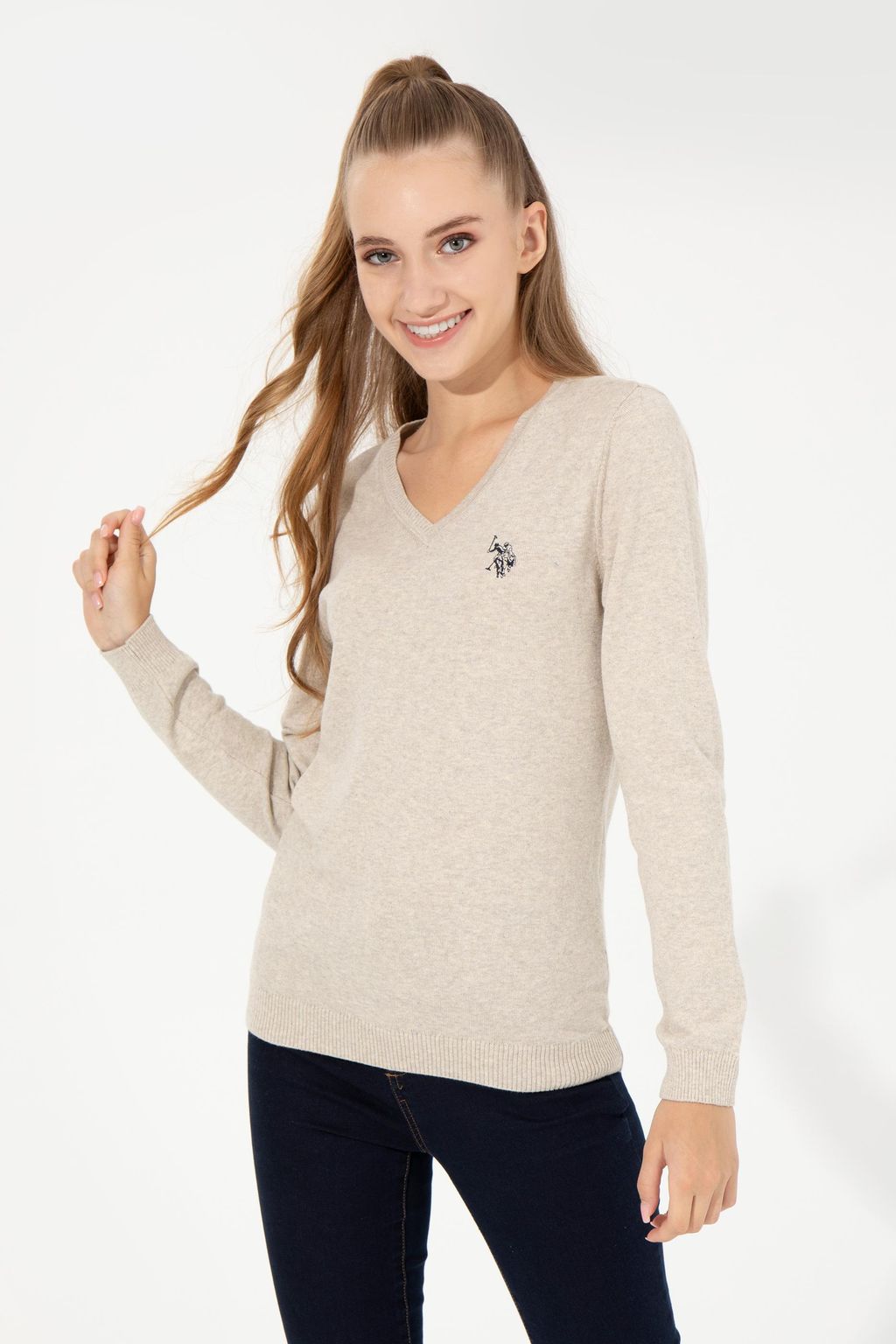 U. S. Polo Assn Женский базовый свитер с v-образным вырезом и каменным меланжом