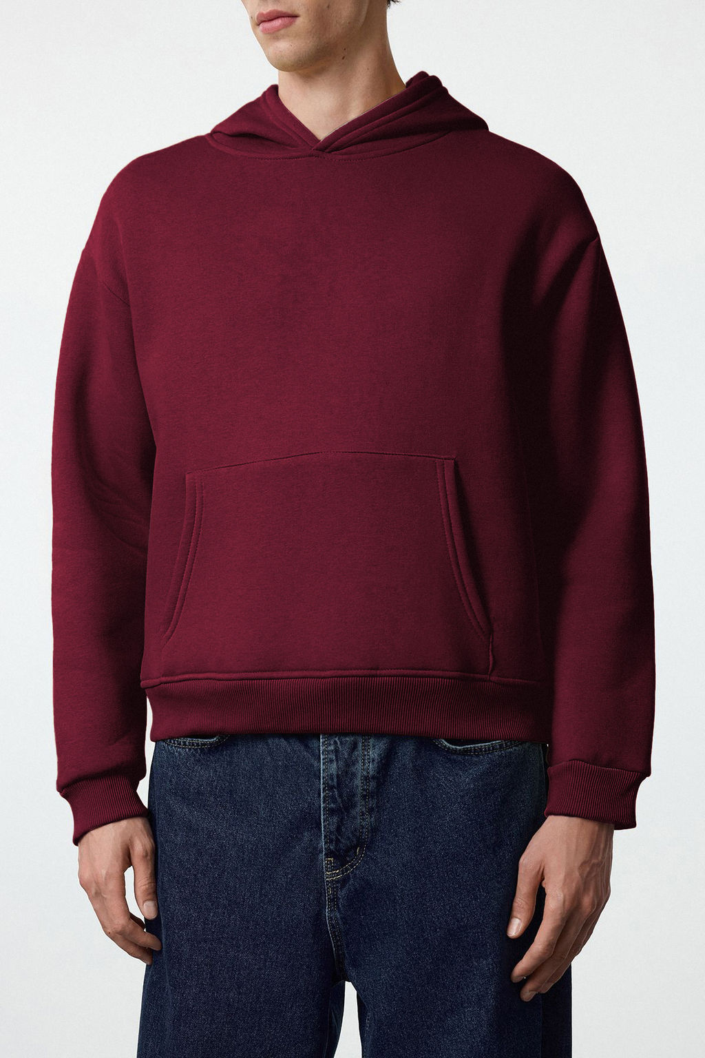Bordo Oversize/Genis Kesim S?rt? Nak?s Detayl? Kapusonlu Sweatshirt TMNAW25SW00142
