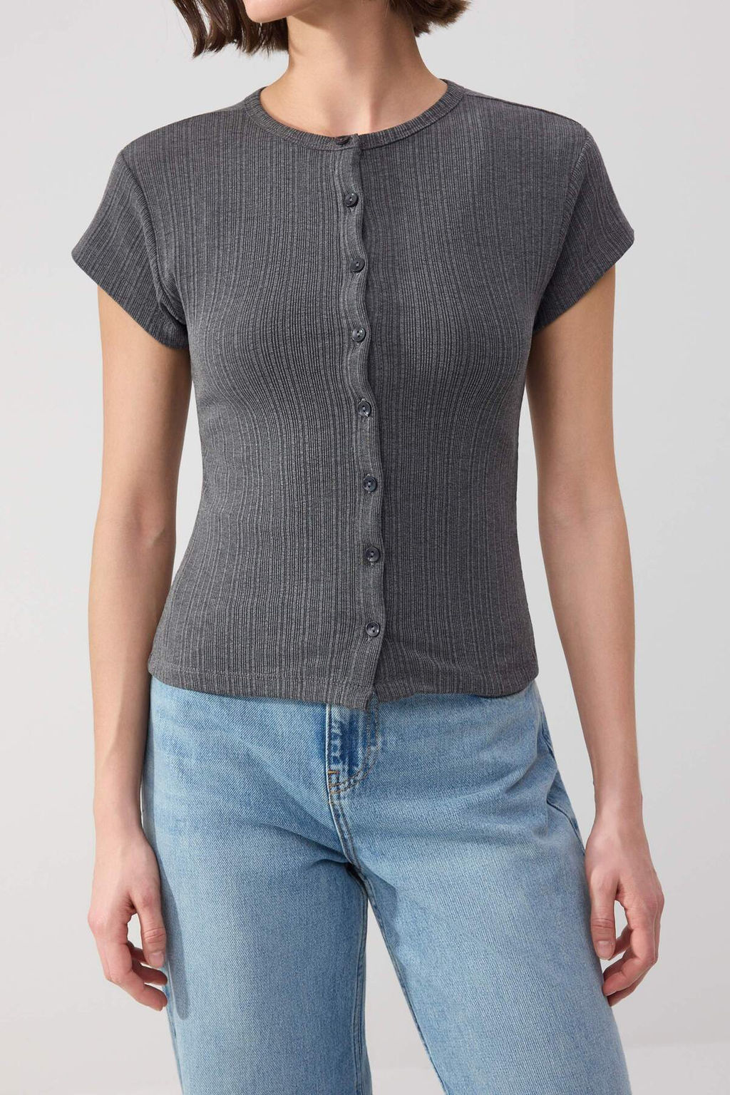 Wardrobe Essentials-Antrasit Fitted/Vucuda Oturan Polo Yaka Fitilli Esnek Orme Bluz TWOSS26BZ00357