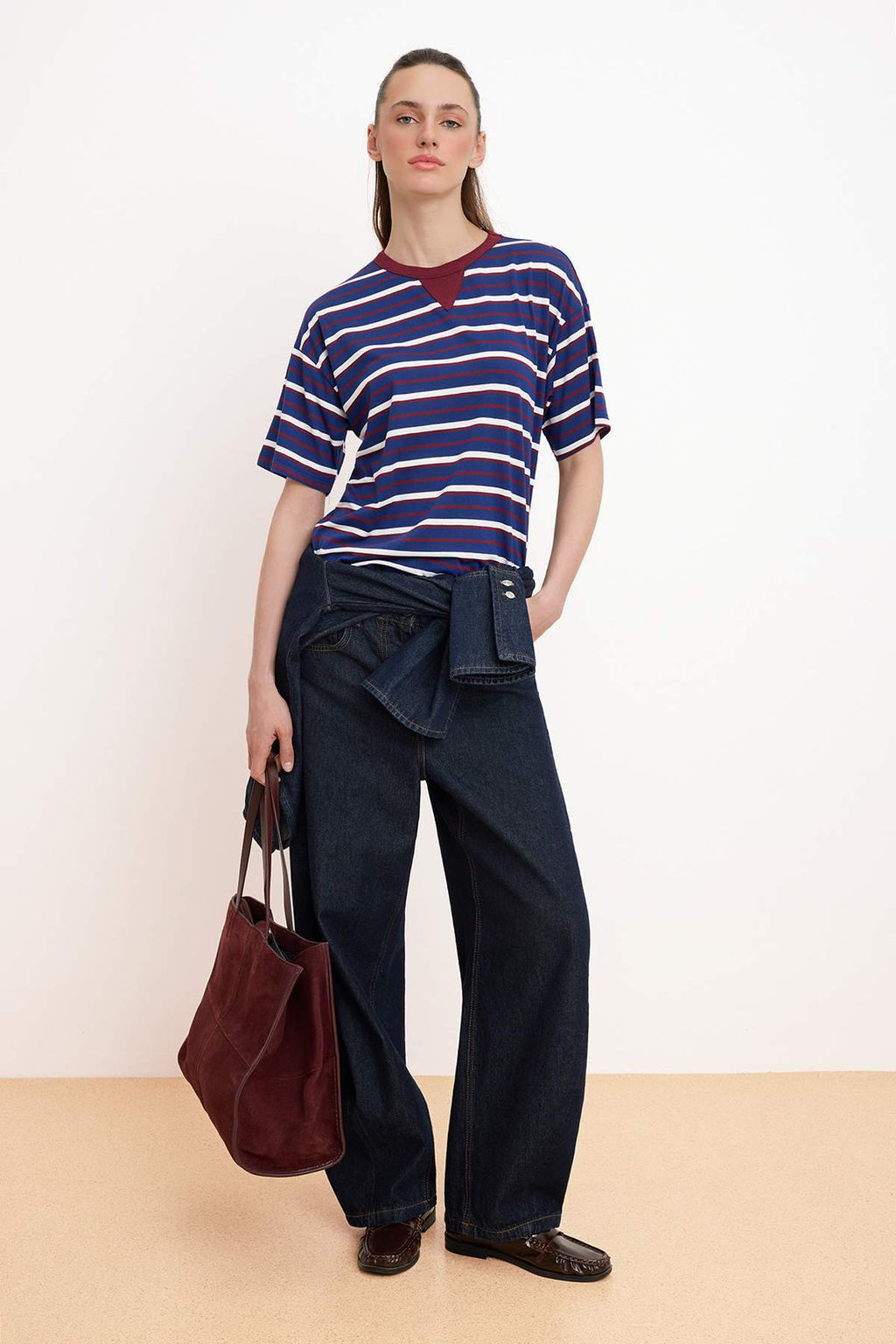 Gul Kurusu Cizgili Oversize/Genis Kal?p Uzun Tok %100 Pamuk Orme T-Shirt TWOSS26TS00051 - Trendyolmilla фото 6