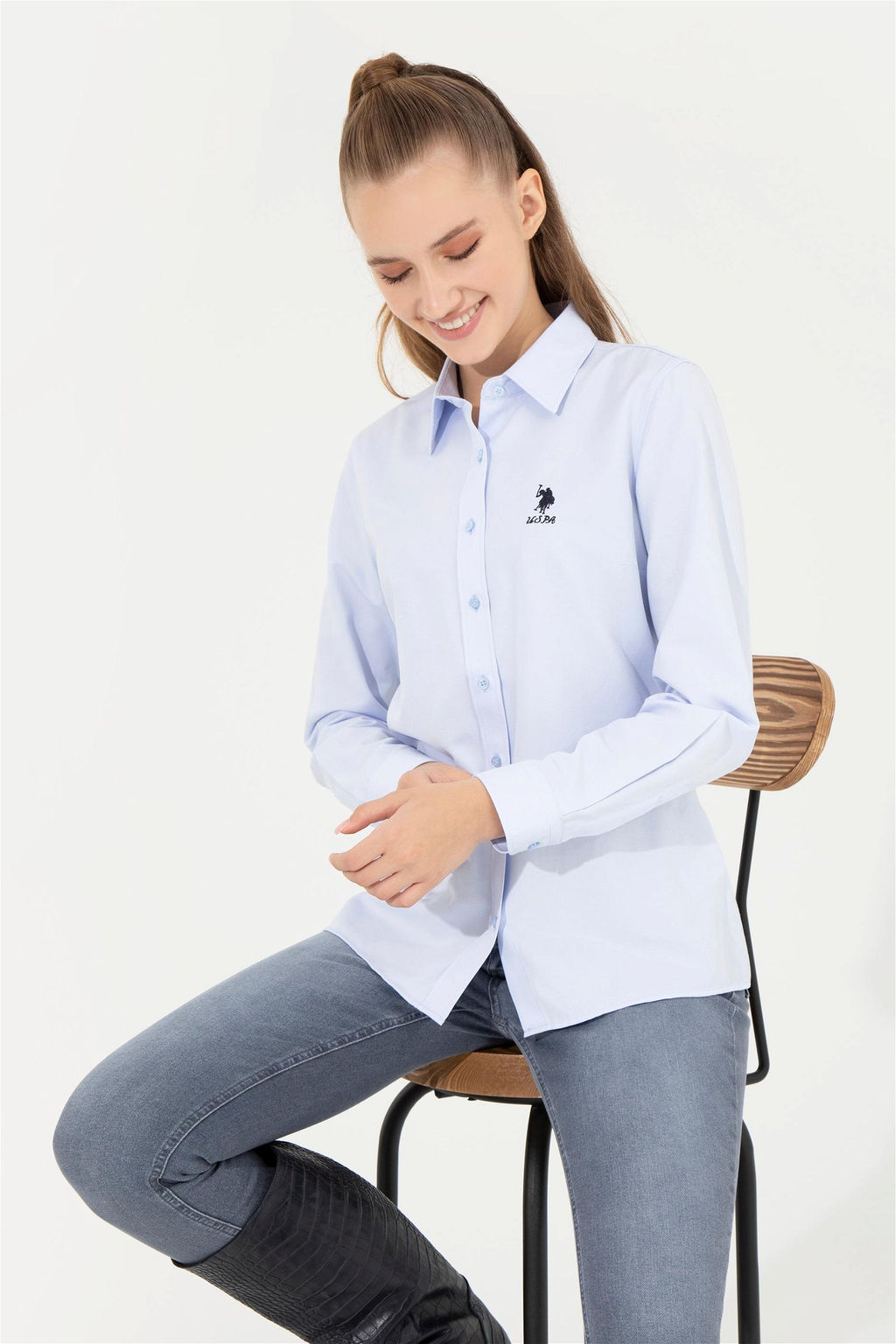 U. S. Polo Assn Женская голубая базовая рубашка с длинным рукавом - U.s. polo assn фото 9