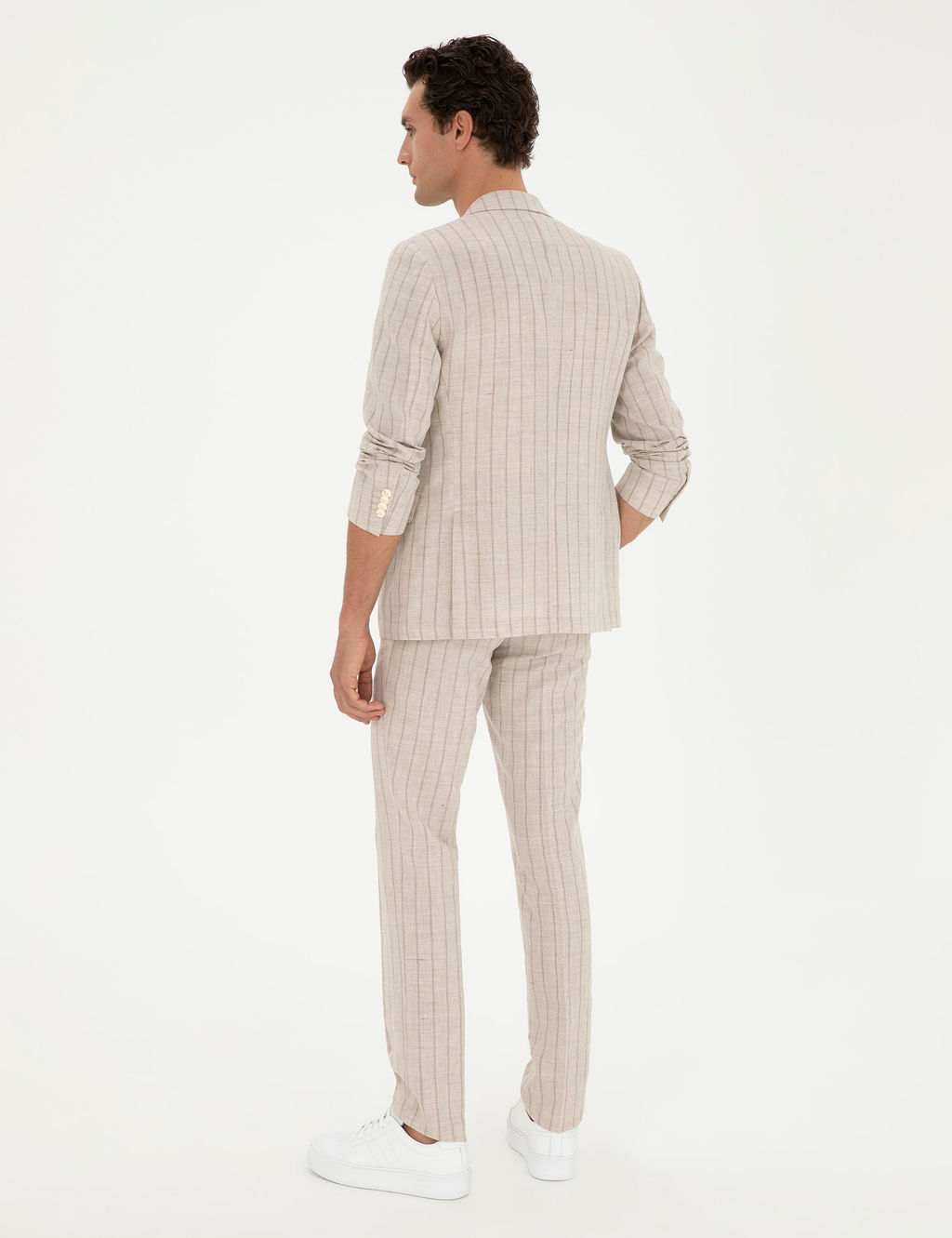 Bej Slim Fit _izgili Y_n Kar___ml_ Keten Tak_m Elbise