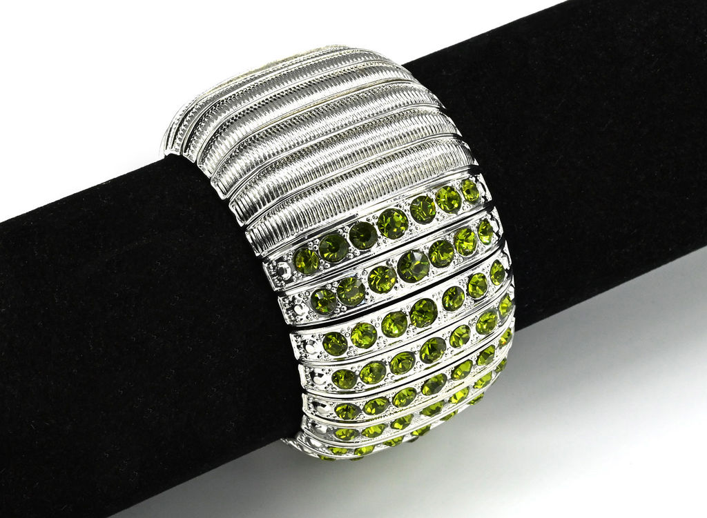 Металлический широкий браслет с цирконом цв.лаймовый