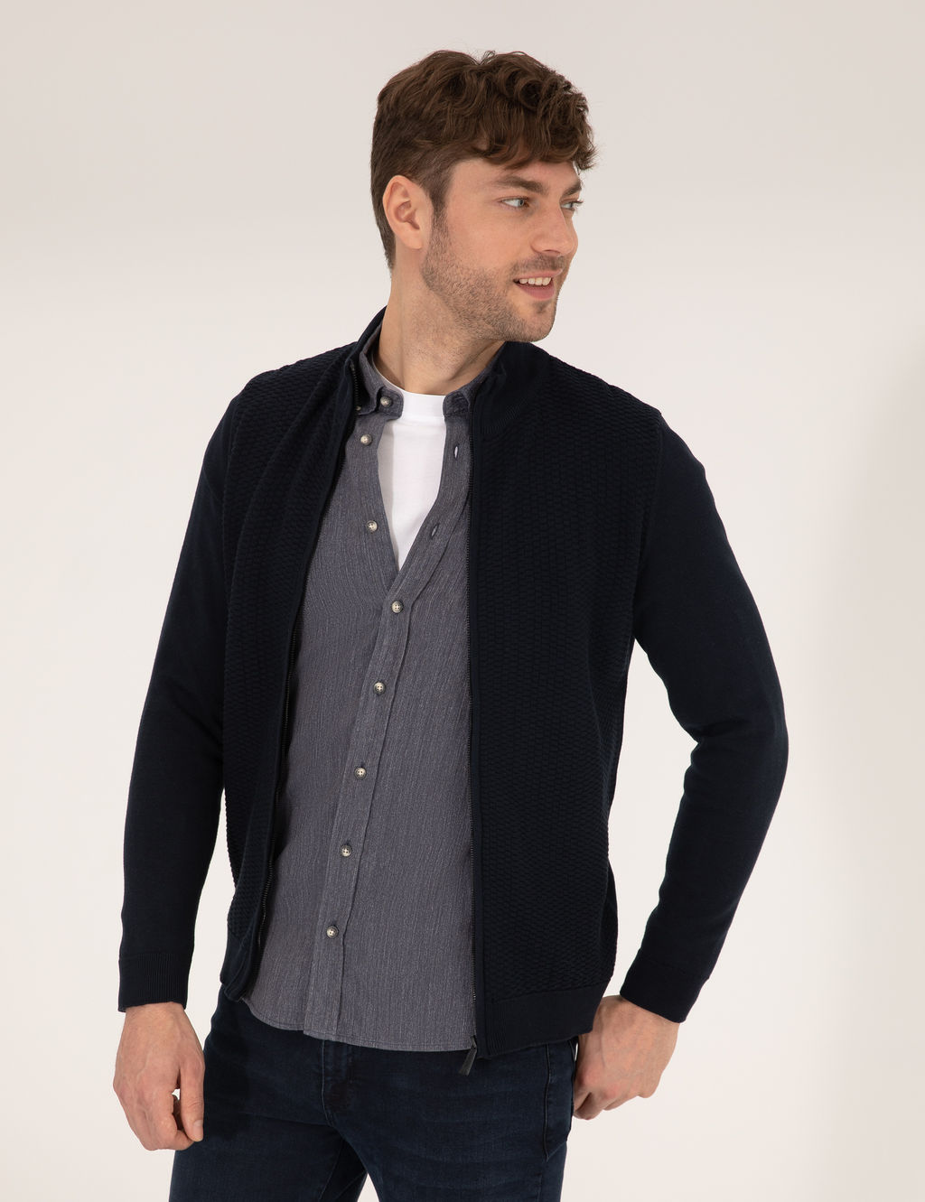 Lacivert Slim Fit Fermuarl_ Triko H_rka