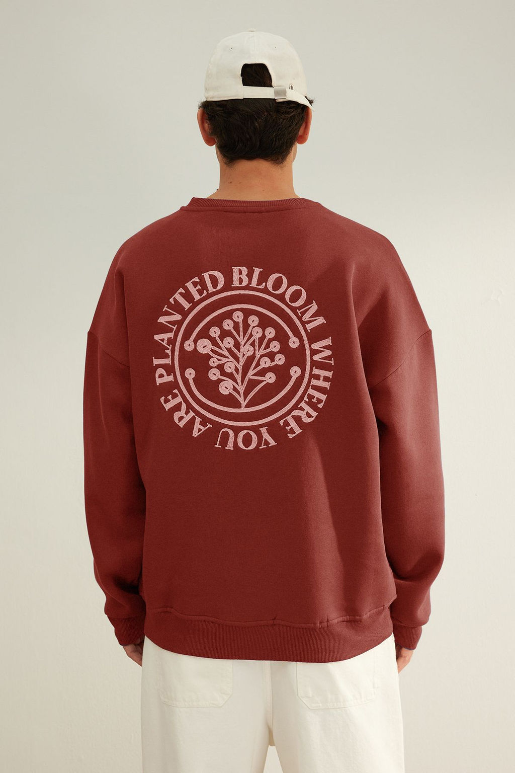 TRENDYOL MAN Kahverengi Oversize/Genis Kesim Cicek Nak?s Ici Polar/S?cak Tutan Pamuk Sweatshirt TMNAW24SW00012 - Trendyolmilla фото 6