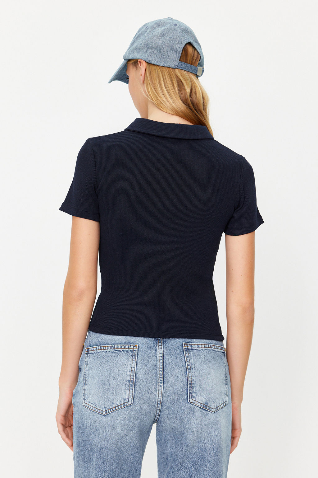 Lacivert Fermuar Detayl? Fitted/Vucuda Oturan Polo Yaka Fitilli Esnek Orme Bluz TWOSS23BZ00496 - Trendyolmilla фото 6