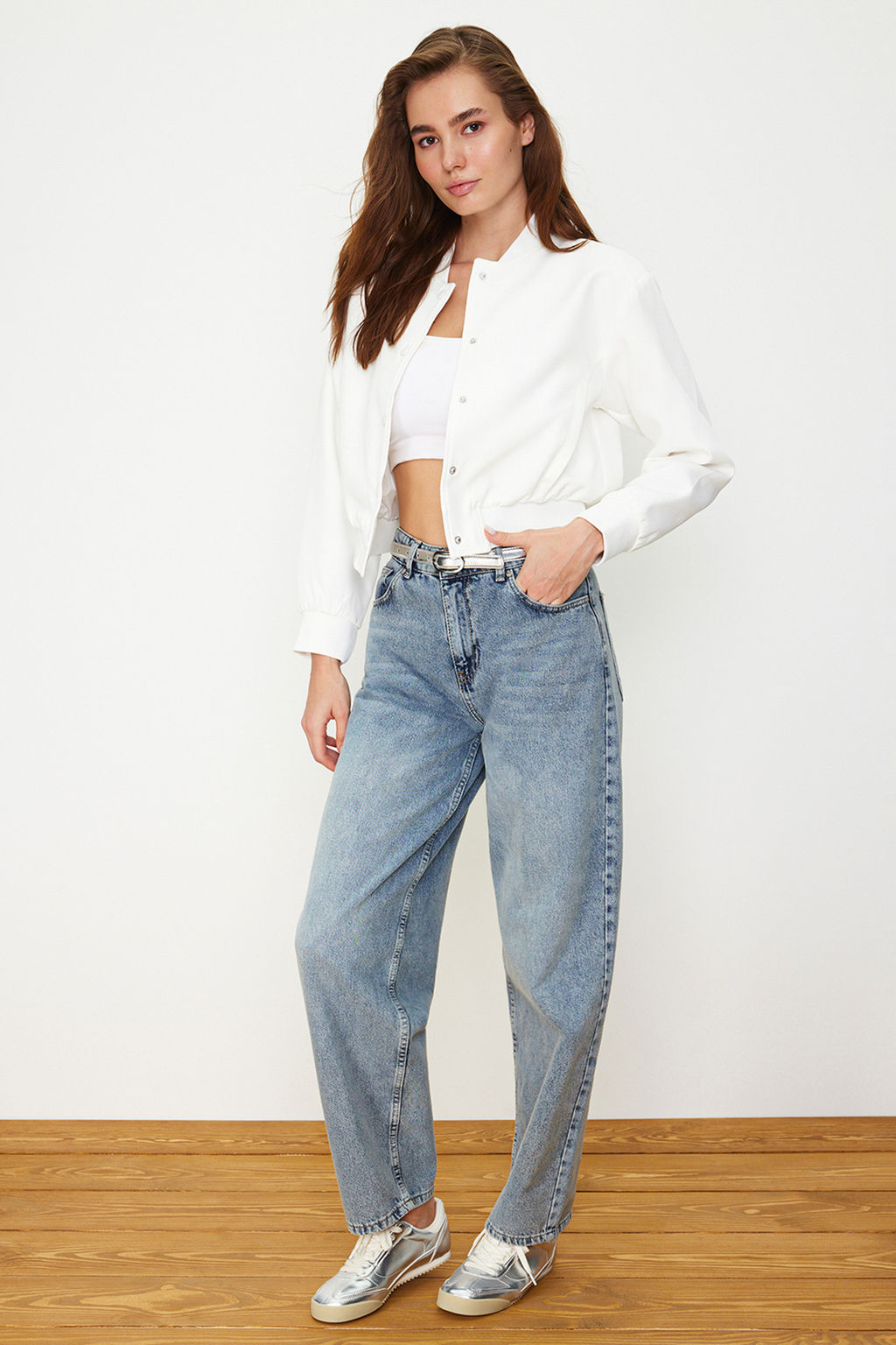 TRENDYOLMILLA Ekru Crop Ince Bomber Mont TWOSS24MO00032 фото 9