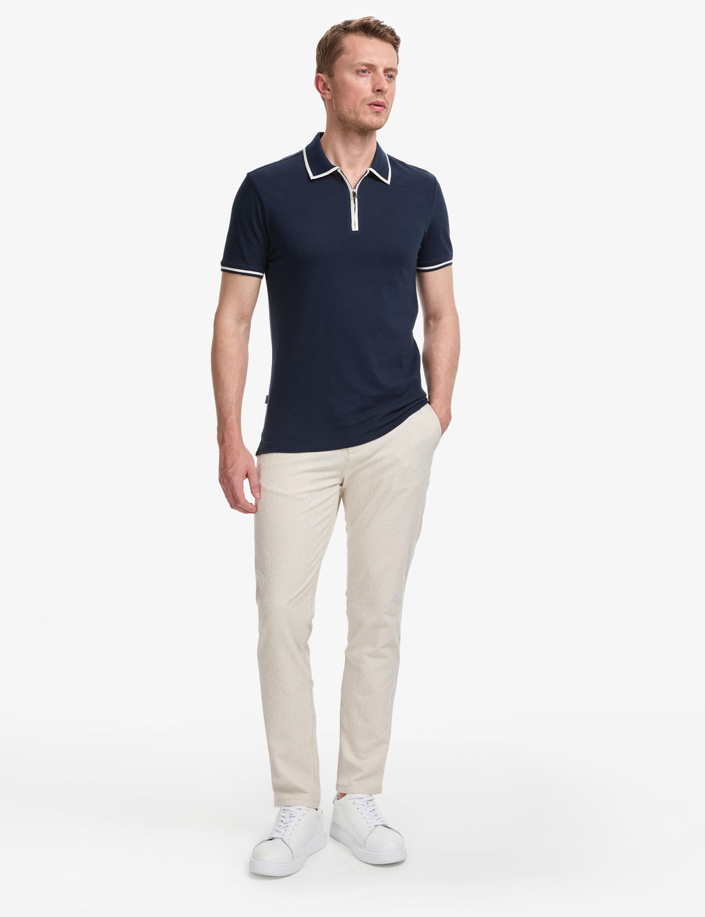 Lacivert Slim Fit %100 Pamuk Fermuarl_ Polo Yaka Ti__rt