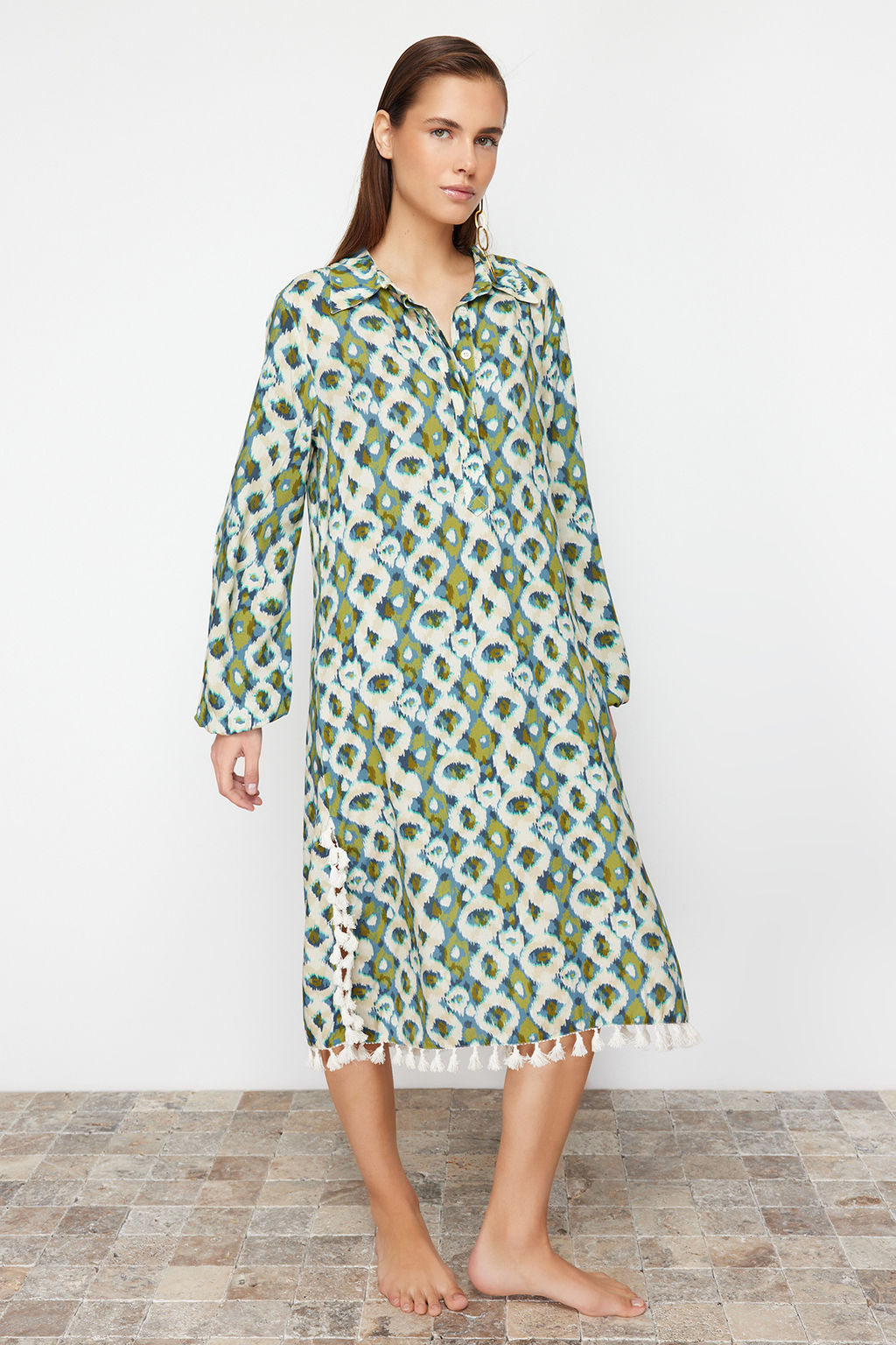 Geometrik Desenli Maxi Dokuma Puskullu Plaj Elbisesi TBESS24EL00105 - Trendyolmilla фото 2