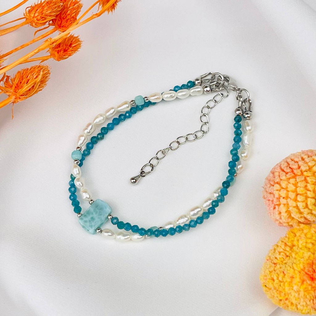 Браслет двойной из Апатиат,Жемчуга и Ларимара 17 см +